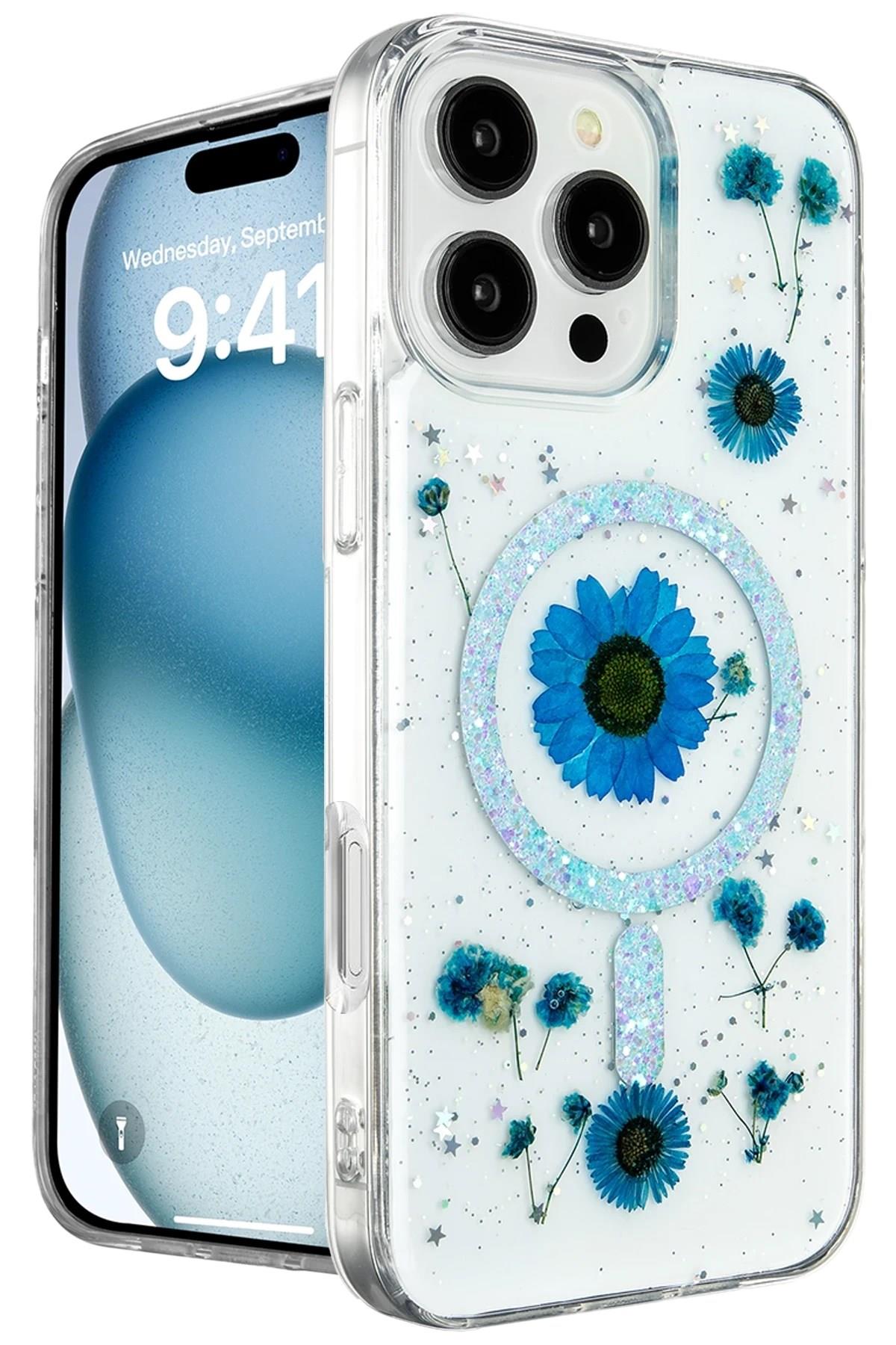 Mey İthalat®  iPhone 16 Pro Kılıf Daisy Simli Magsafe Kapak - Mavi