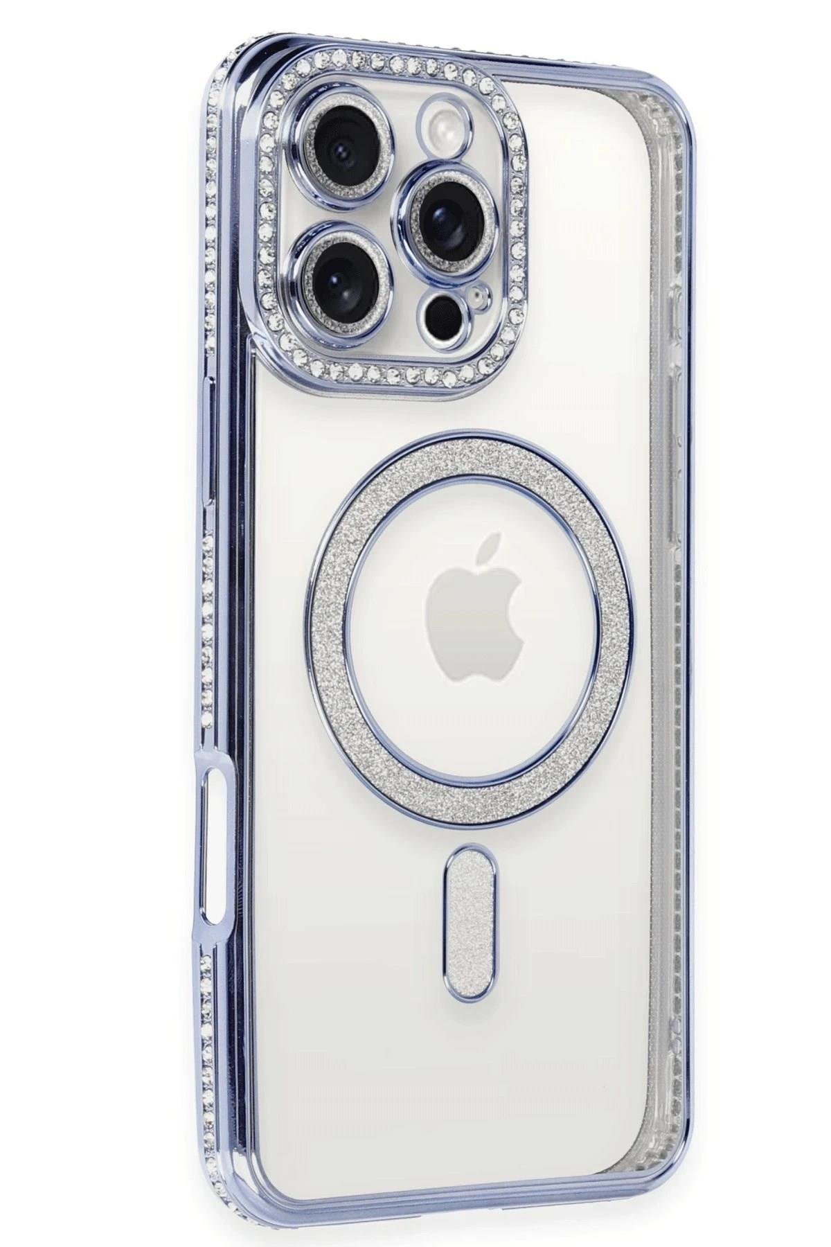 Mey İthalat®  iPhone 16 Pro Kılıf Joke Simli Magneticsafe Kılıf - Mavi