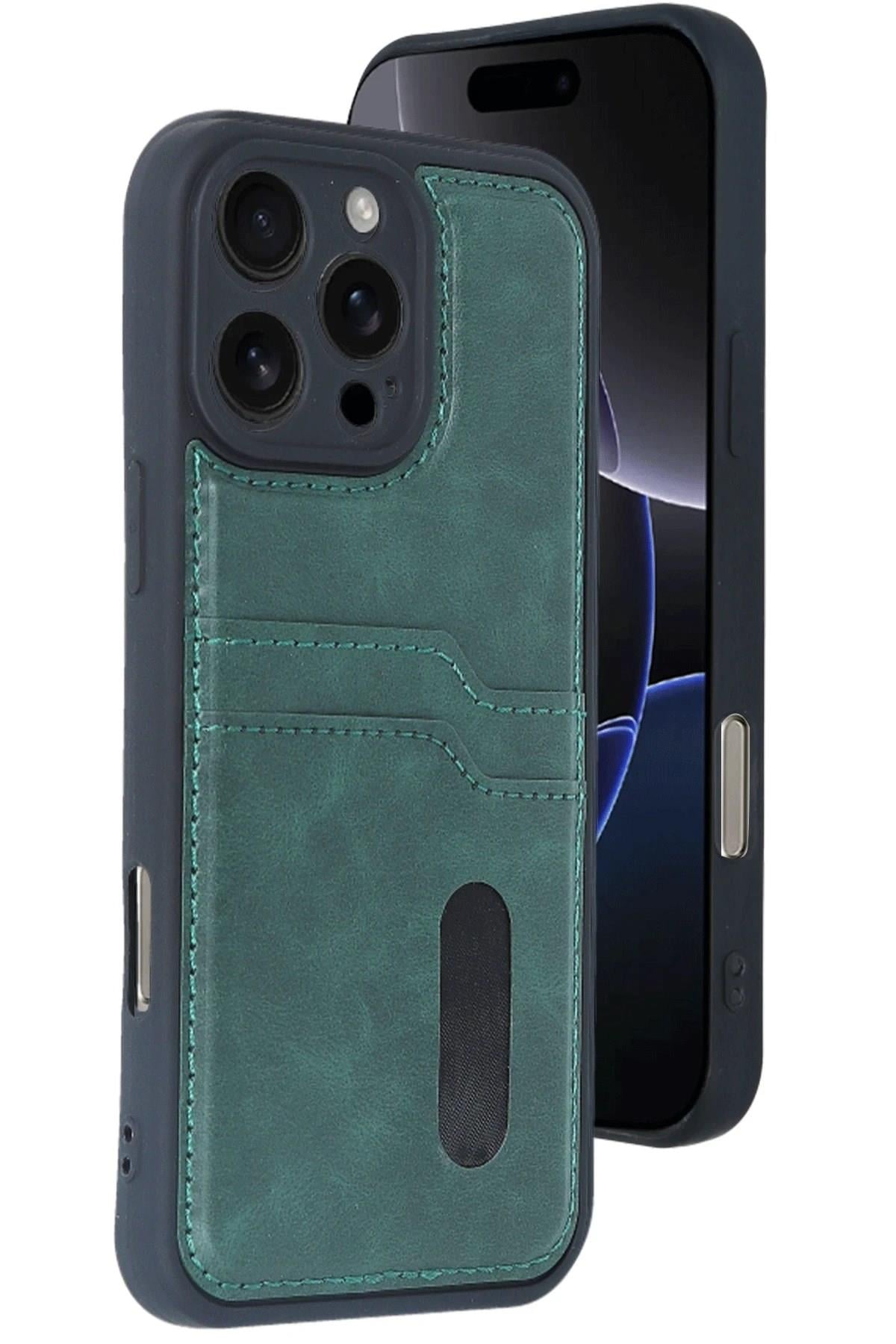 Mey İthalat®  iPhone 16 Pro Kılıf Sara Kartvizitli Deri Kılıf - Koyu Yeşil