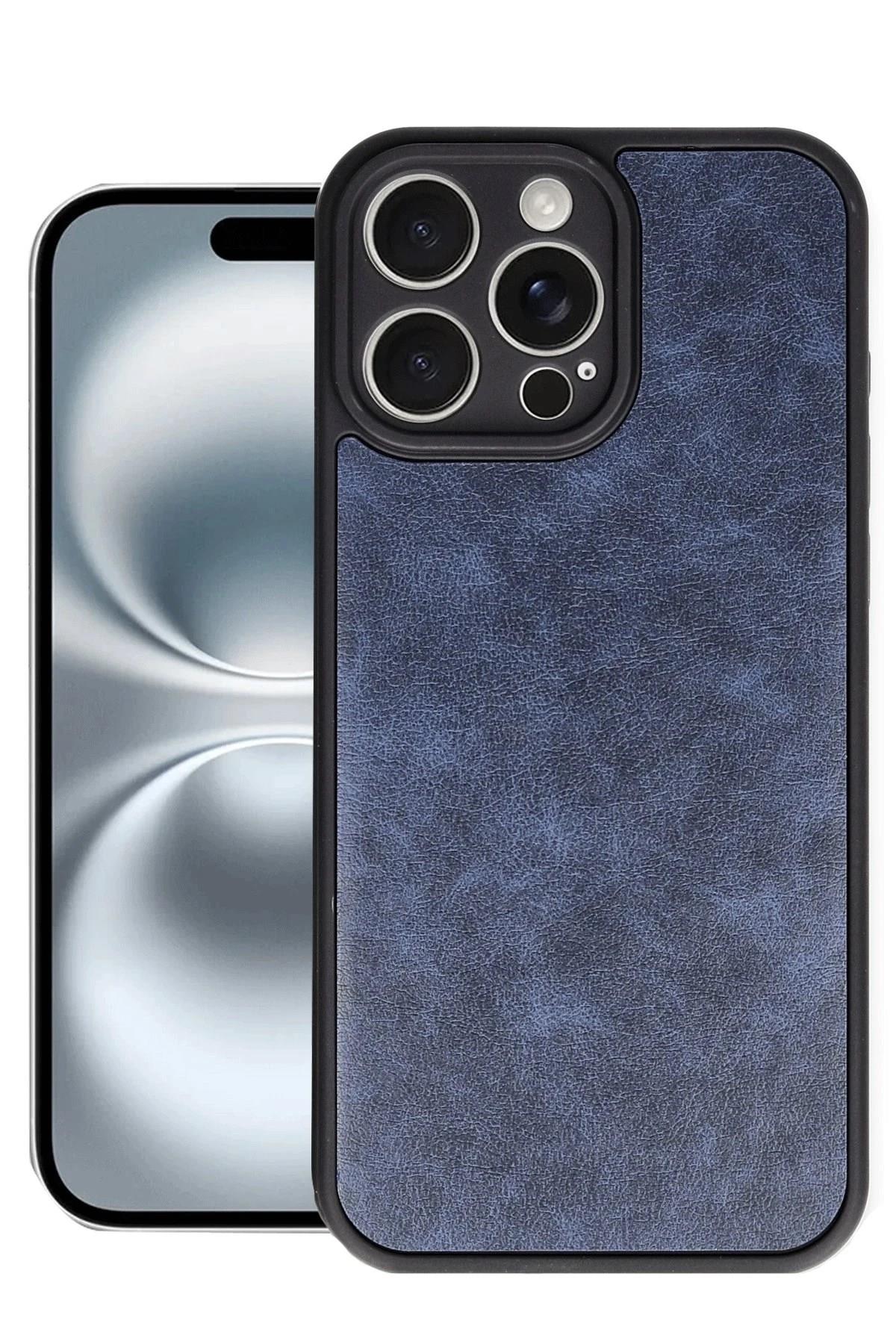 Mey İthalat®  iPhone 16 Pro Max Kılıf Aras Deri Kapak - Lacivert