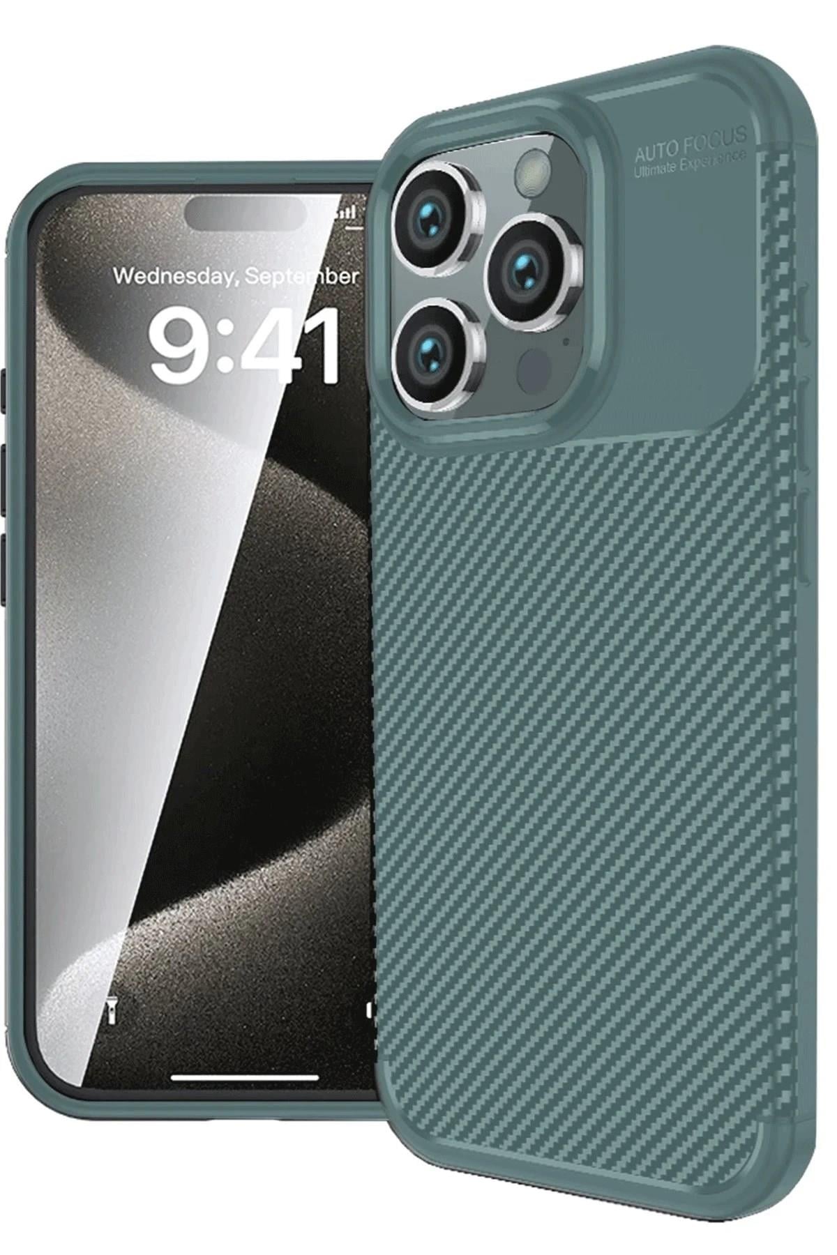 Mey İthalat®  iPhone 16 Pro Max Kılıf Auto Focus Karbon Kapak - Koyu Yeşil