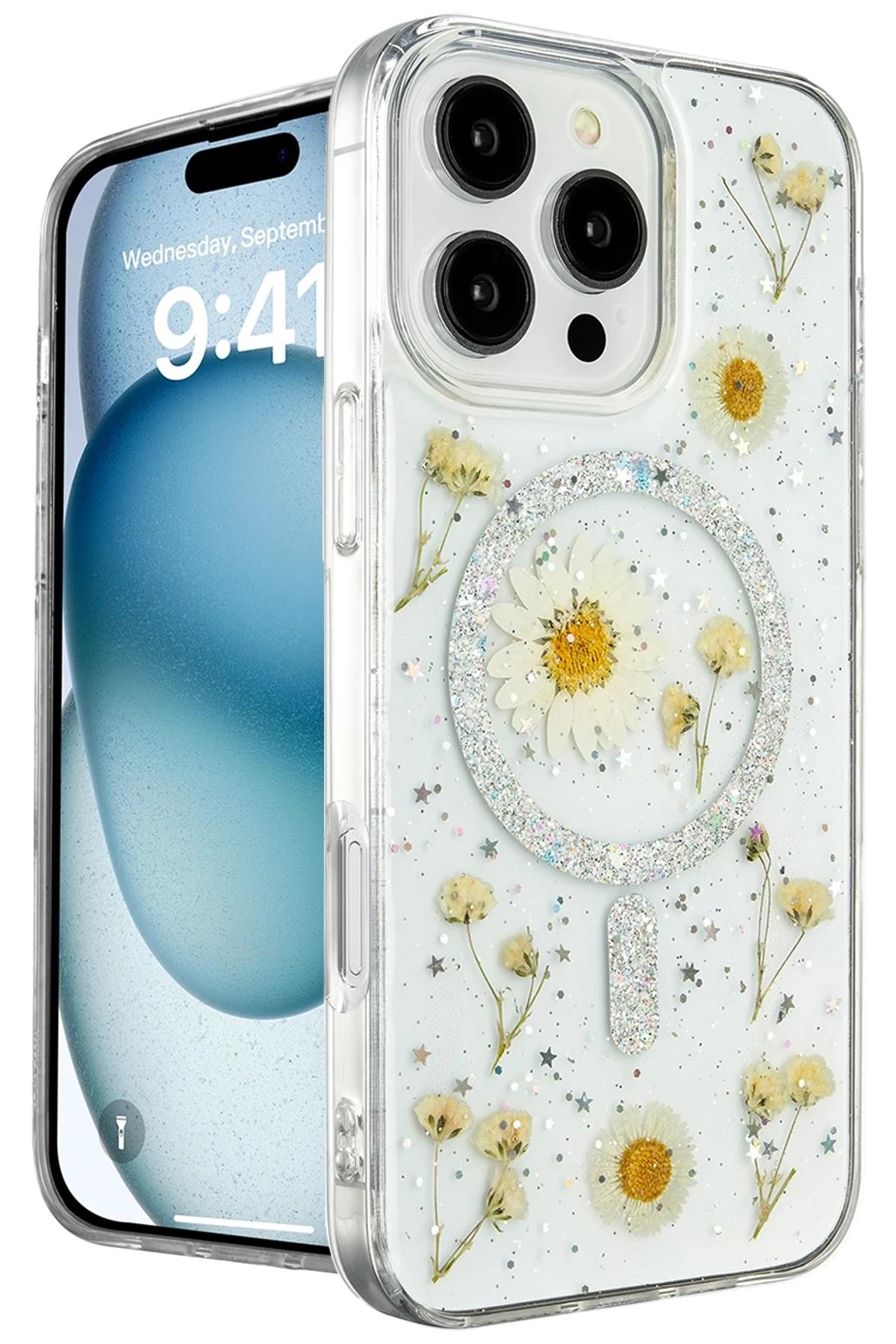 Mey İthalat®  iPhone 16 Pro Max Kılıf Daisy Simli Magsafe Kapak - Gümüş