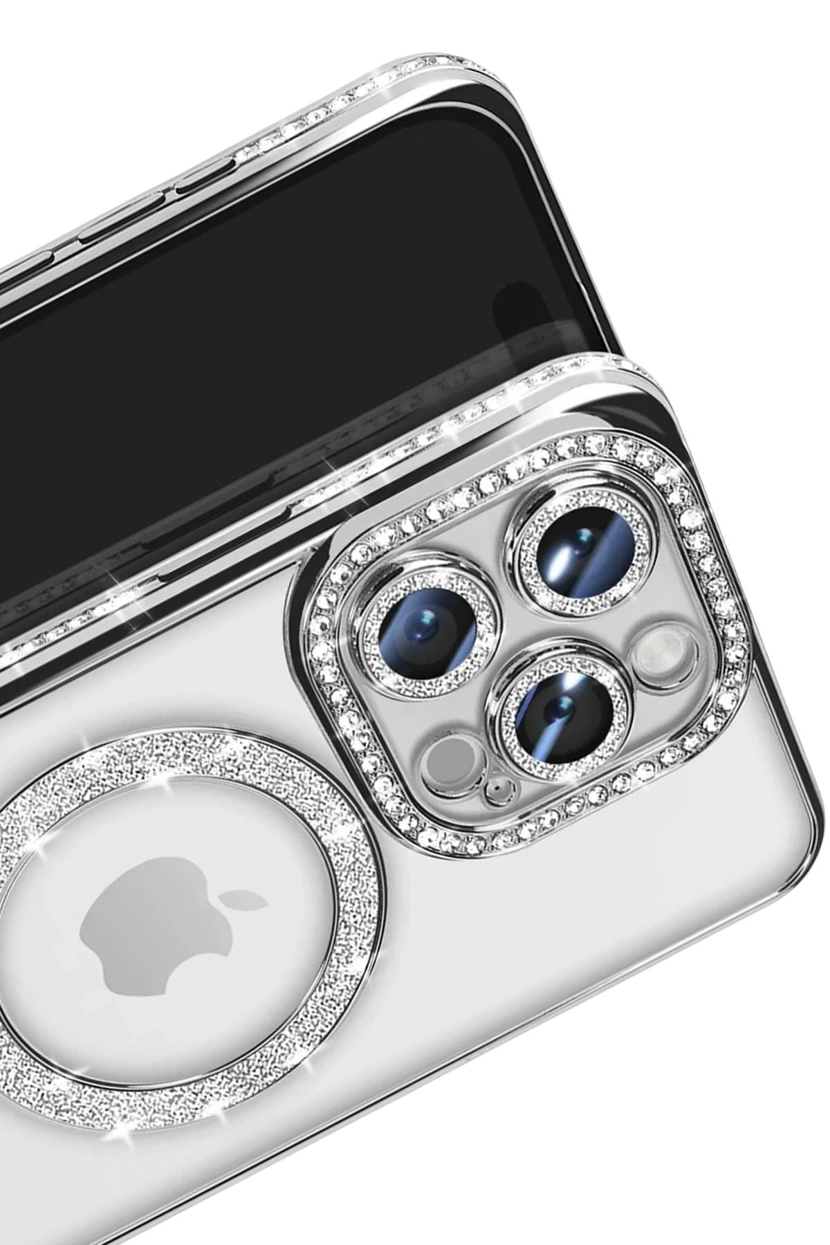Mey İthalat®  iPhone 16 Pro Max Kılıf Joke Simli Magneticsafe Kılıf - Gümüş