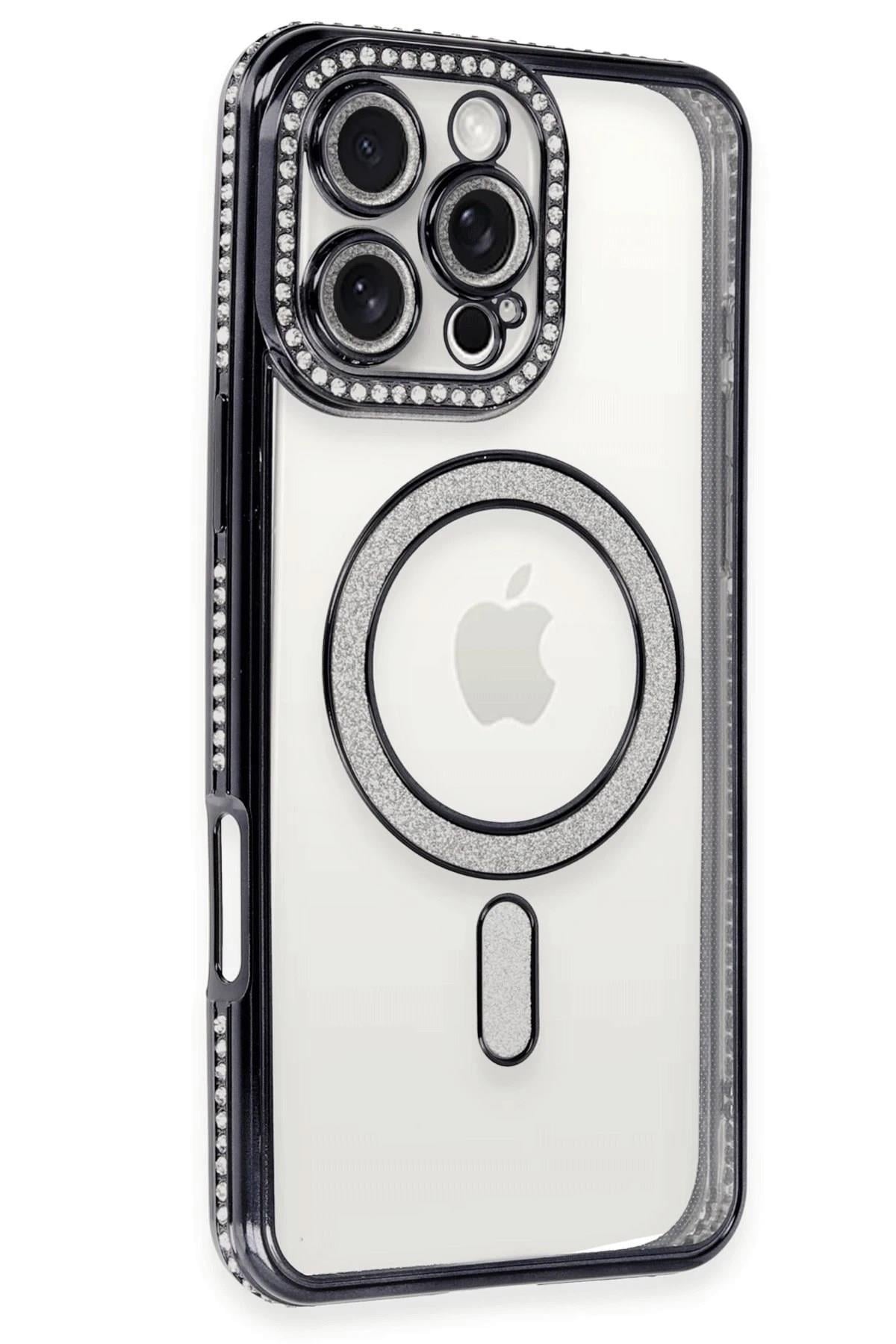 Mey İthalat®  iPhone 16 Pro Max Kılıf Joke Simli Magneticsafe Kılıf - Siyah
