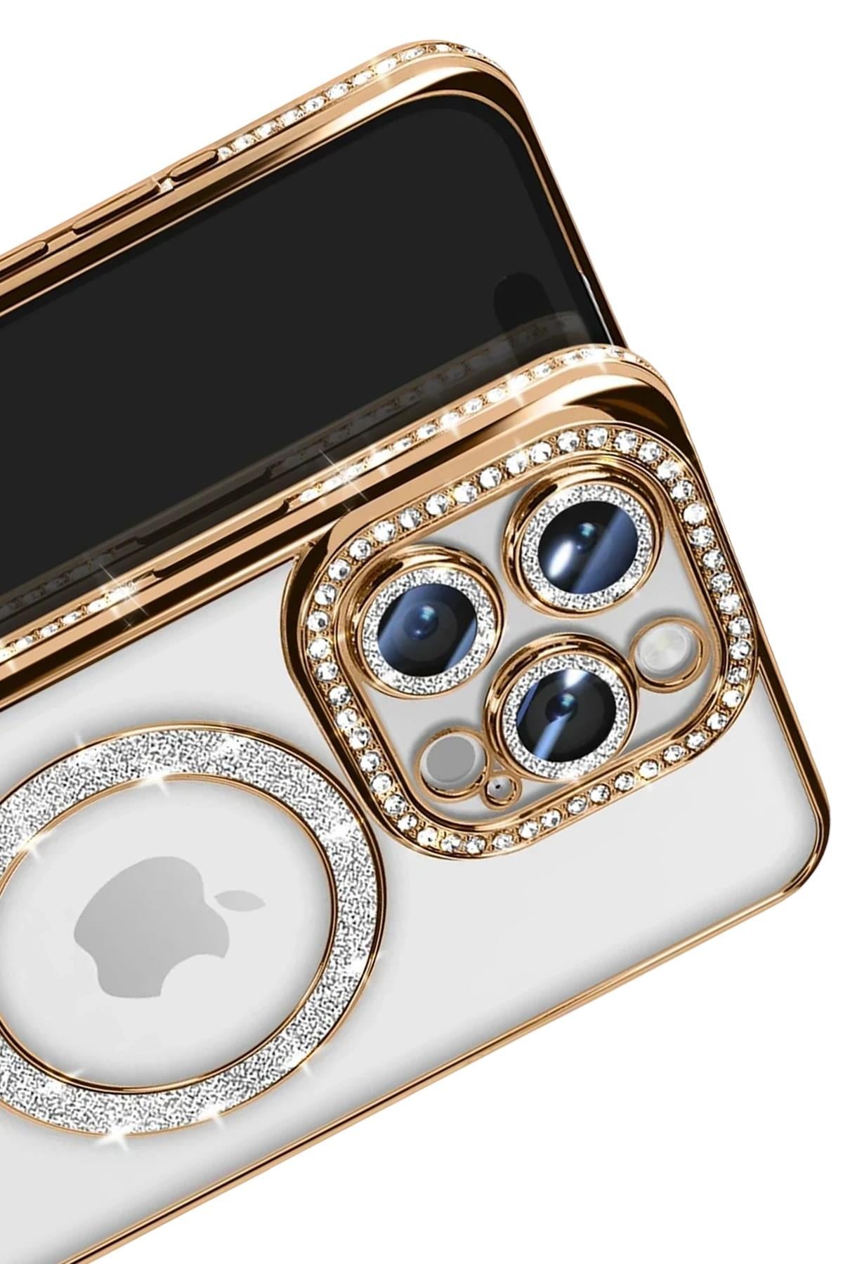 Mey İthalat®  iPhone 16 Pro Max Kılıf Joke Simli Magneticsafe Kılıf - Gold