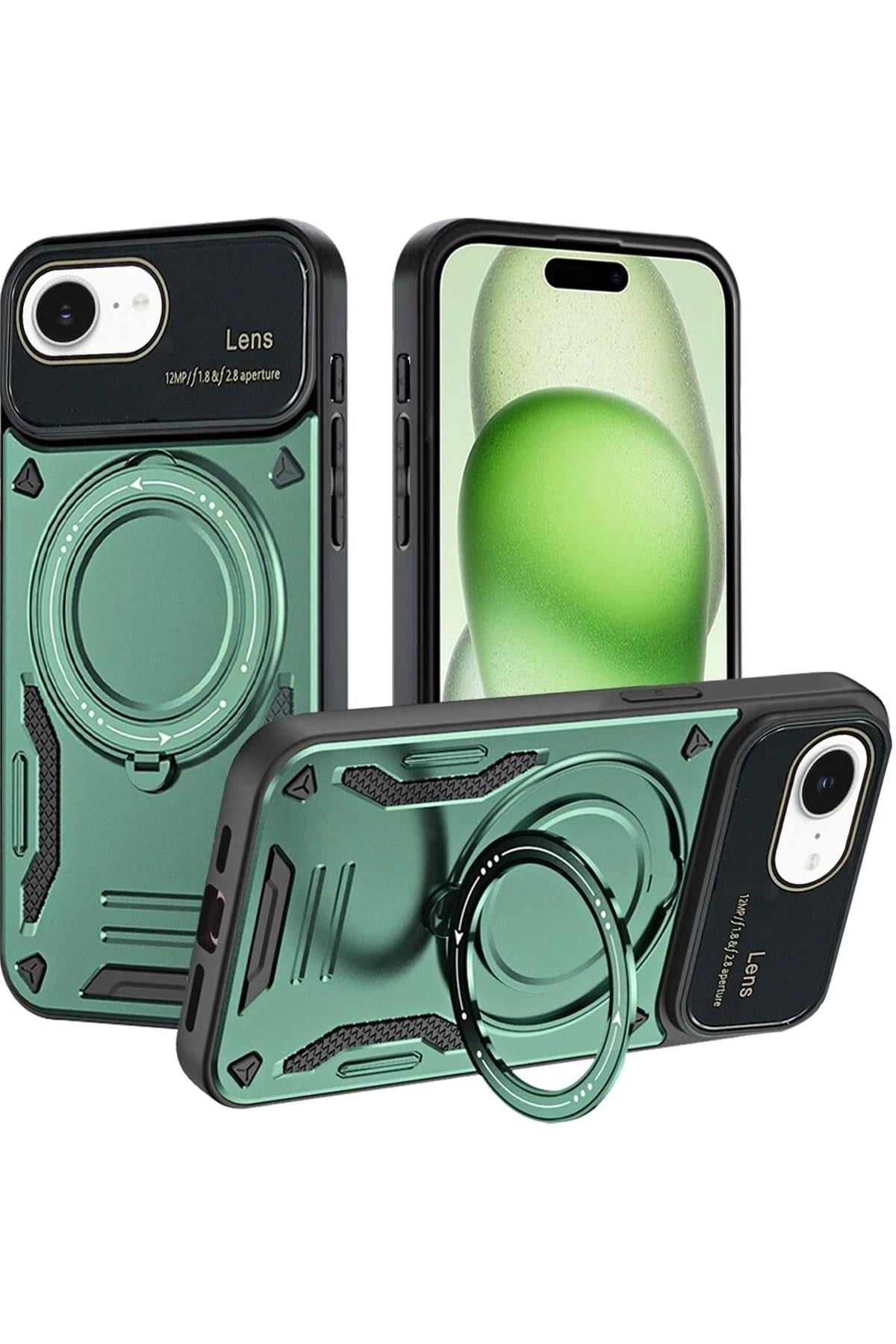 Mey İthalat®  iPhone 16E Kılıf Joy Lens Standlı Kapak - Koyu Yeşil