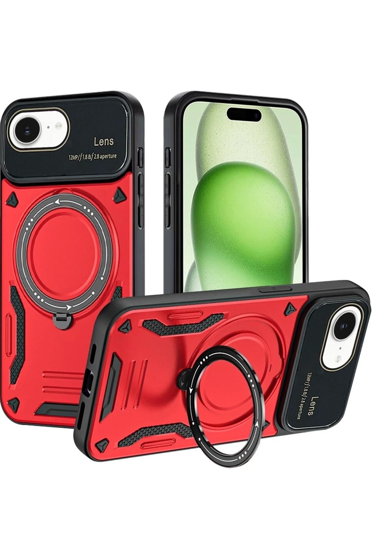 Mey İthalat®  iPhone 16E Kılıf Joy Lens Standlı Kapak - Kırmızı