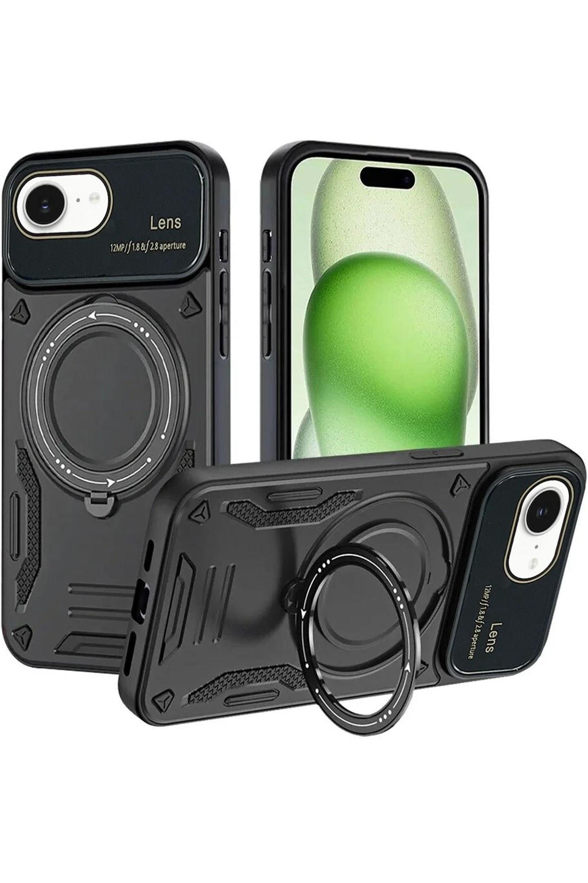 Mey İthalat®  iPhone 16E Kılıf Joy Lens Standlı Kapak - Siyah