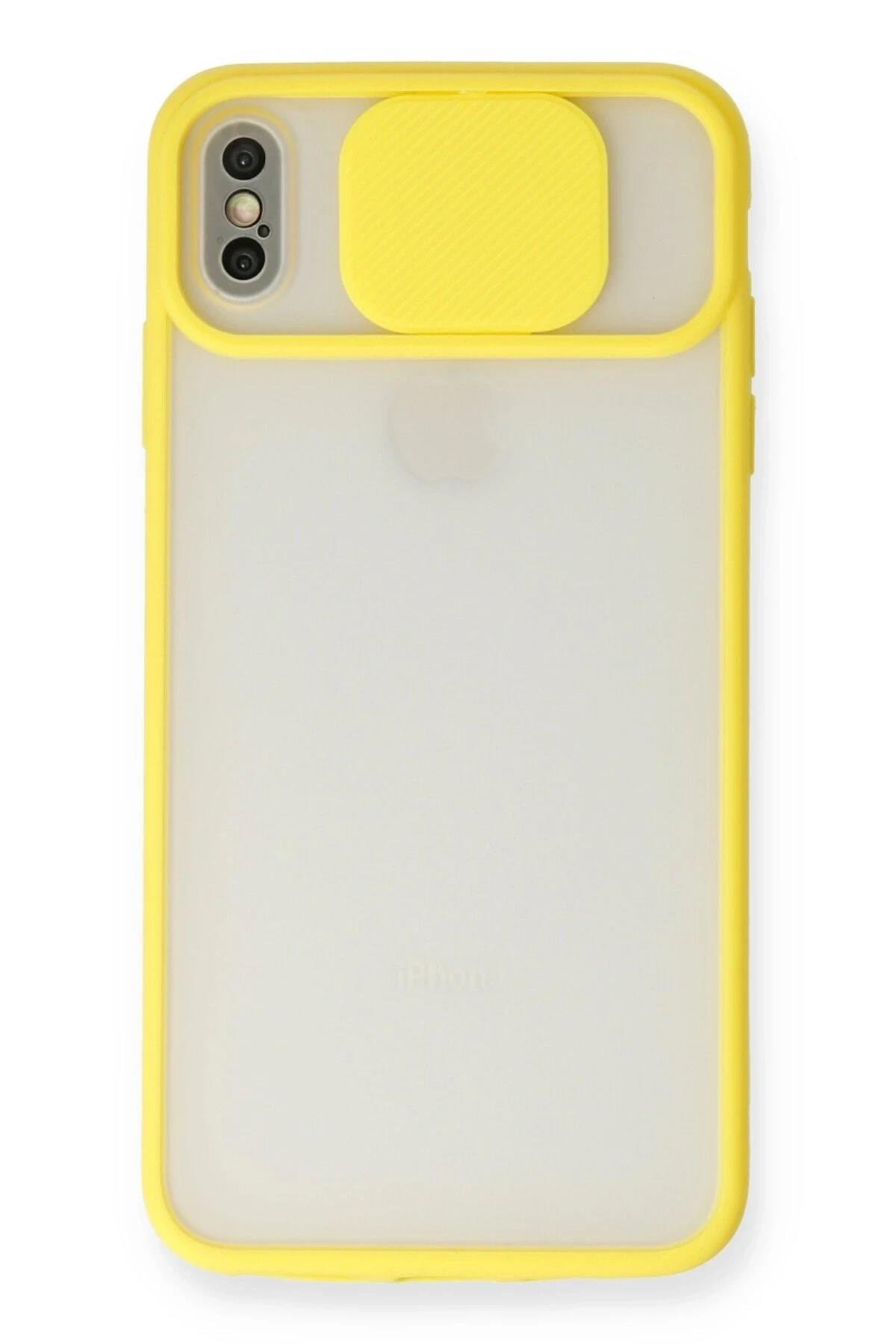Mey İthalat®  iPhone X Kılıf Palm Buzlu Kamera Sürgülü Silikon - Sarı