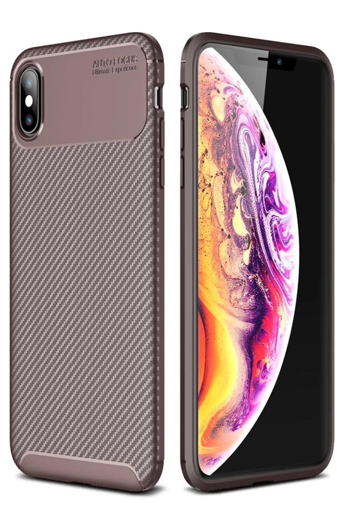 Mey İthalat®  iPhone XS Max Kılıf Auto Focus Karbon Kapak - Kahverengi