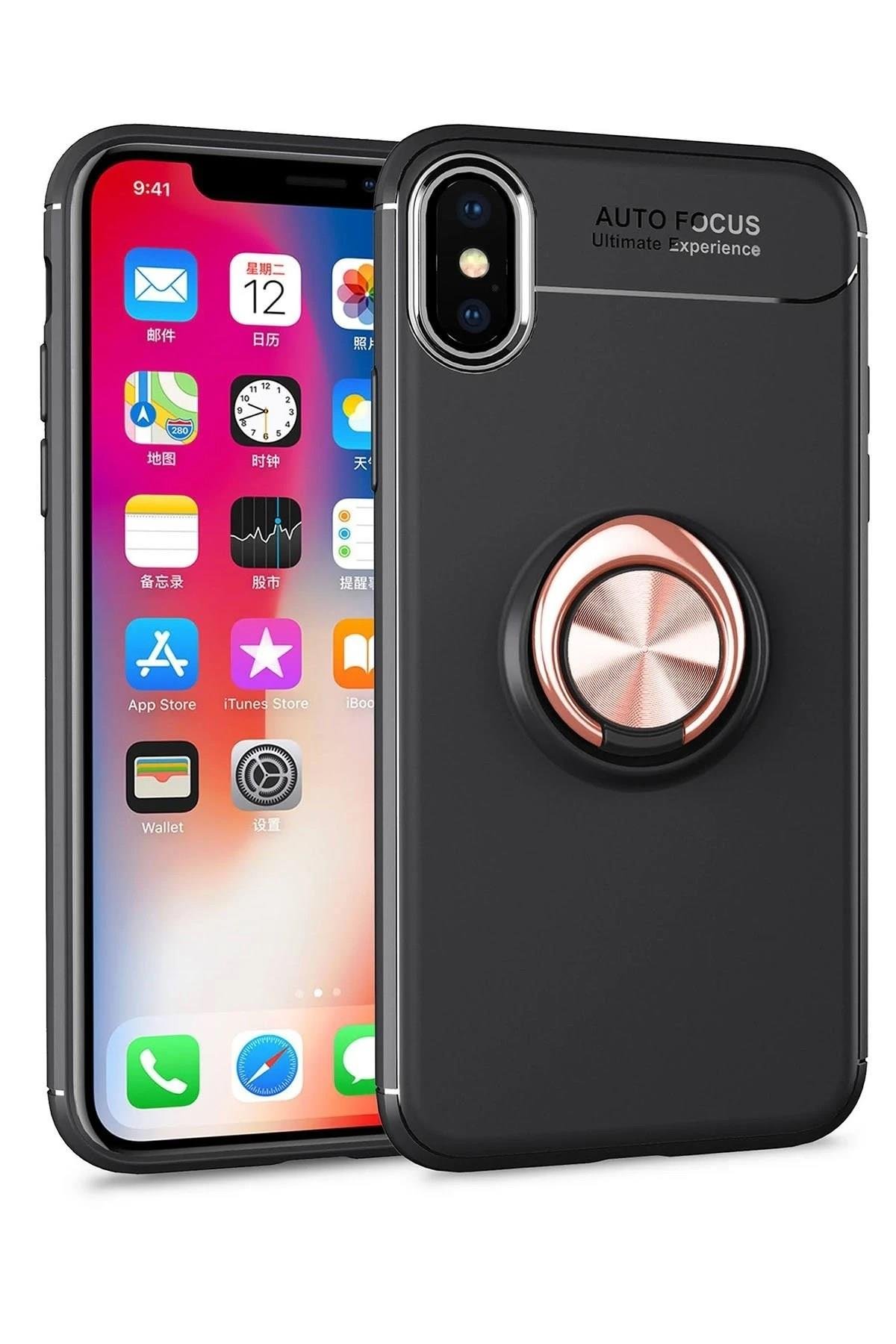 Mey İthalat®  iPhone XS Max Kılıf Range Yüzüklü Silikon - Siyah-Gold