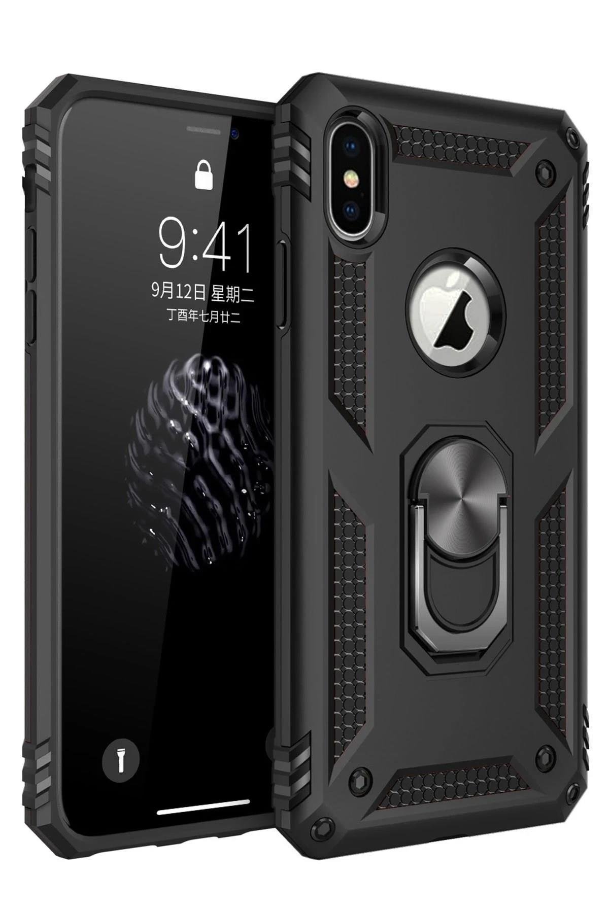 Mey İthalat®  iPhone XS Max Kılıf Sofya Yüzüklü Silikon Kapak - Siyah