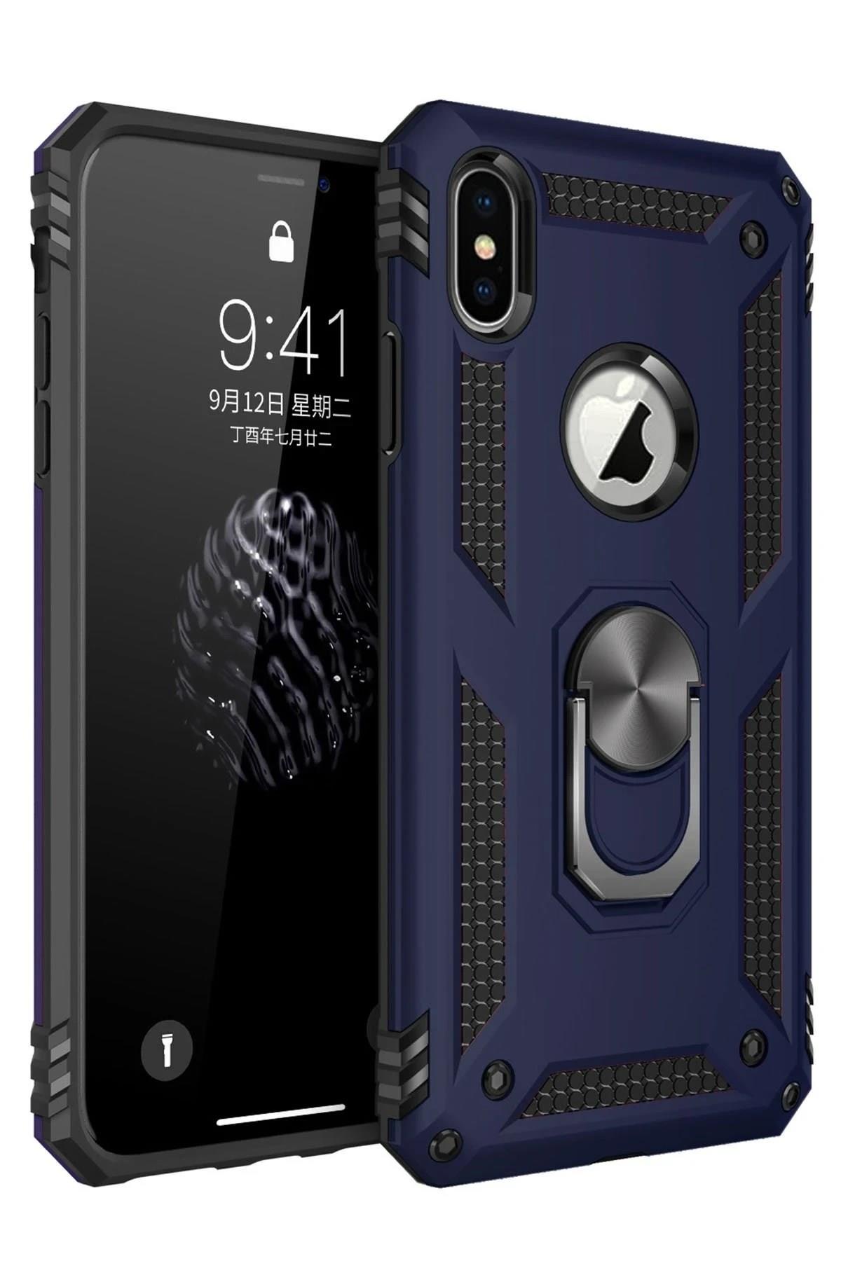 Mey İthalat®  iPhone XS Max Kılıf Sofya Yüzüklü Silikon Kapak - Lacivert