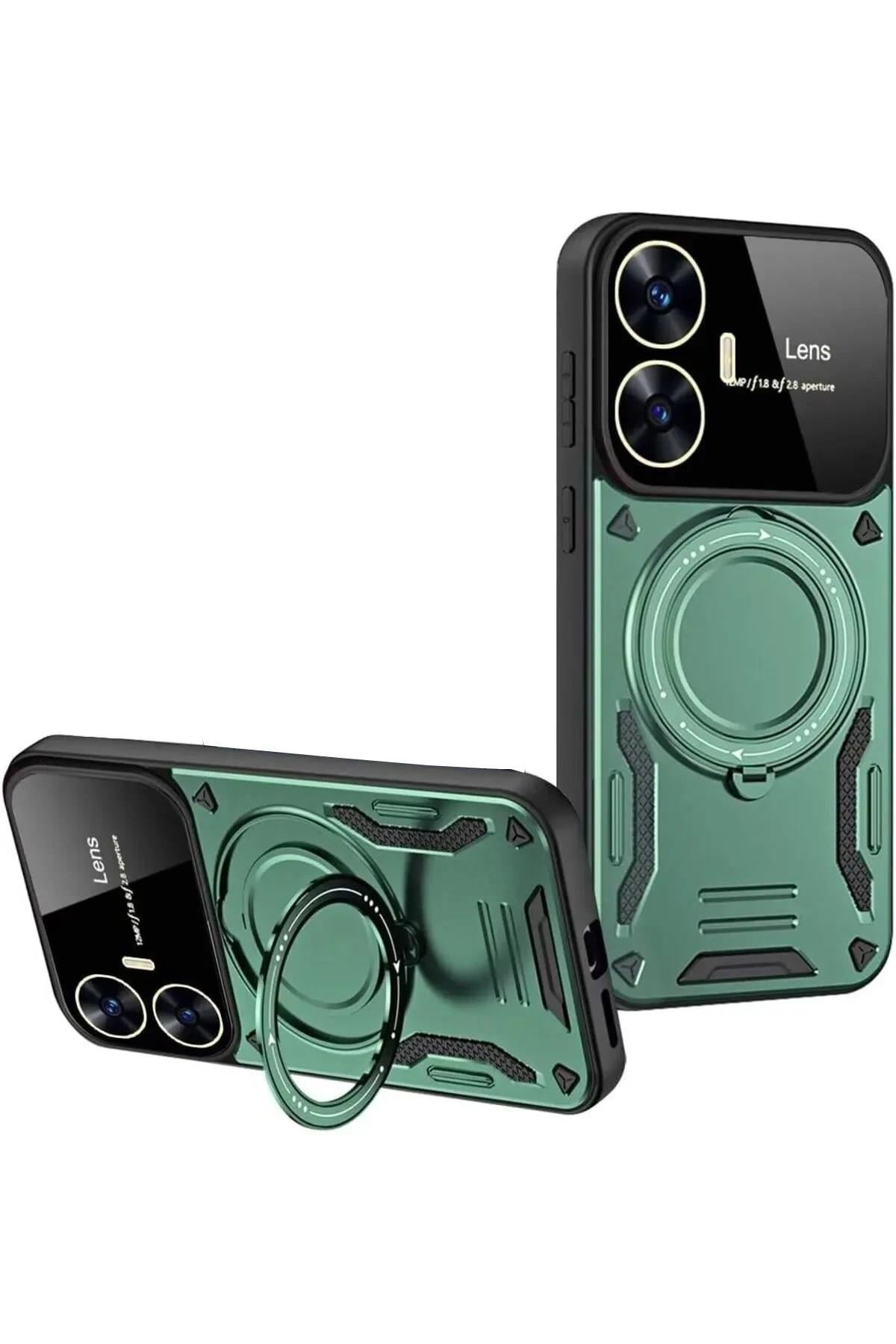 Mey İthalat®  Realme C55 Kılıf Joy Lens Standlı Kapak - Koyu Yeşil