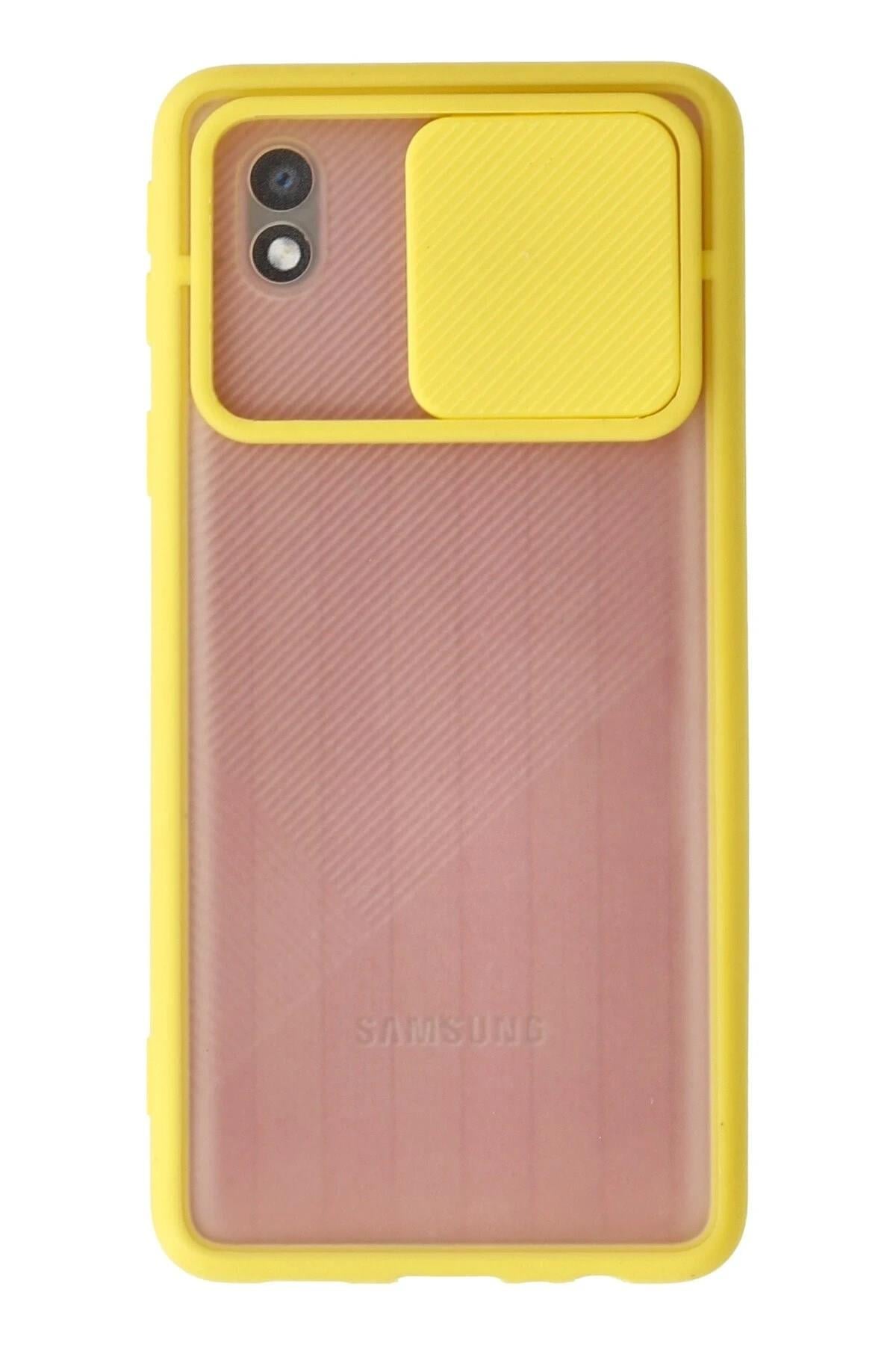 Mey İthalat®  Samsung Galaxy A01 Core Kılıf Palm Buzlu Kamera Sürgülü Silikon - Sarı