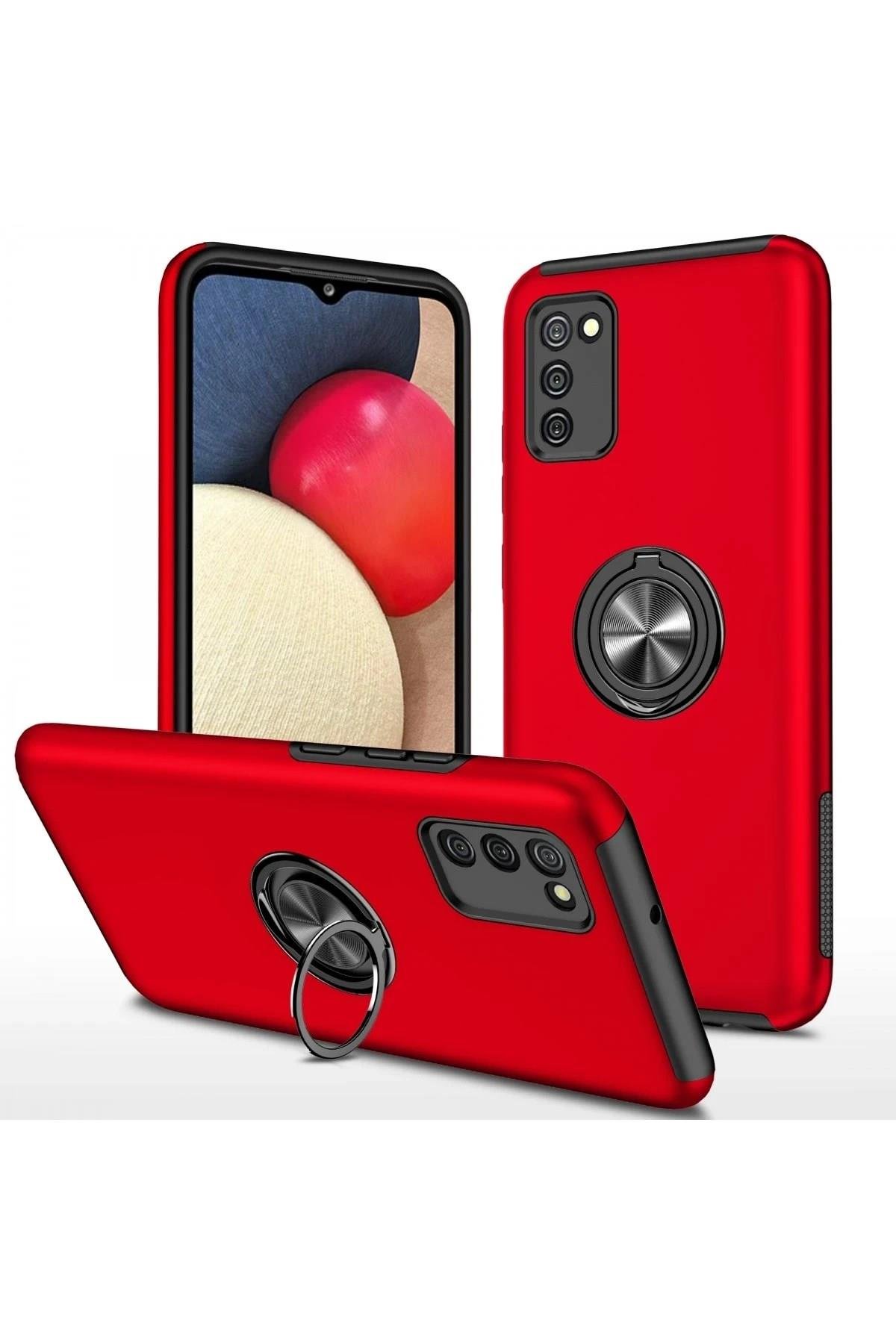 Mey İthalat®  Samsung Galaxy A02S Kılıf Elit Yüzüklü Kapak - Kırmızı