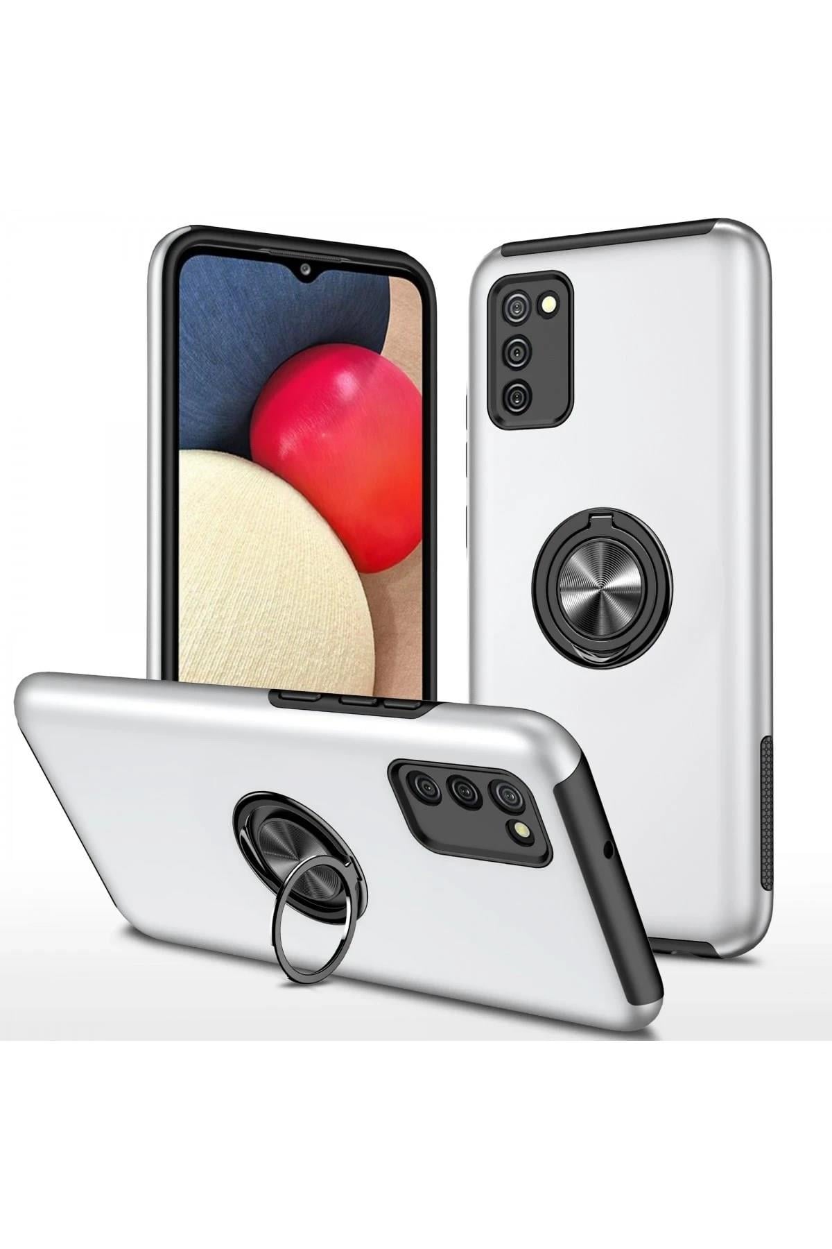 Mey İthalat®  Samsung Galaxy A02S Kılıf Elit Yüzüklü Kapak - Gümüş