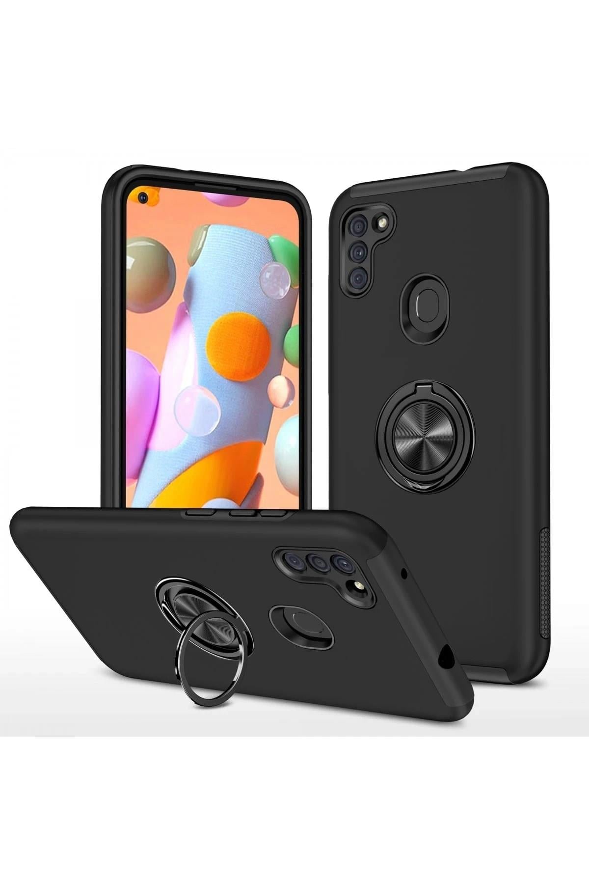 Mey İthalat®  Samsung Galaxy A11 Kılıf Elit Yüzüklü Kapak - Siyah