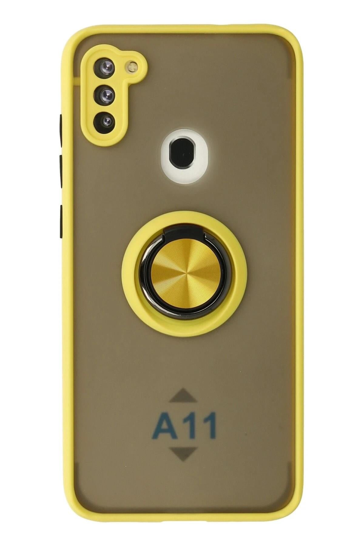 Mey İthalat®  Samsung Galaxy A11 Kılıf Montreal Yüzüklü Silikon Kapak - Sarı