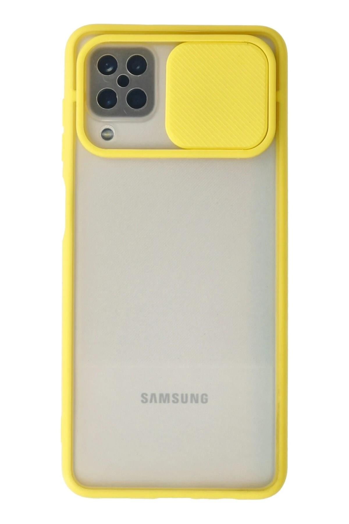 Mey İthalat®  Samsung Galaxy A12 Kılıf Palm Buzlu Kamera Sürgülü Silikon - Sarı