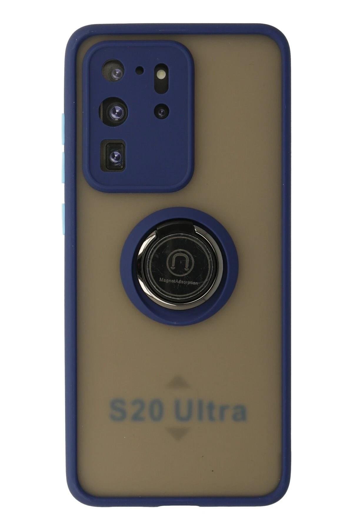 Mey İthalat®  Samsung Galaxy S20 Ultra Kılıf Montreal Yüzüklü Silikon Kapak - Lacivert