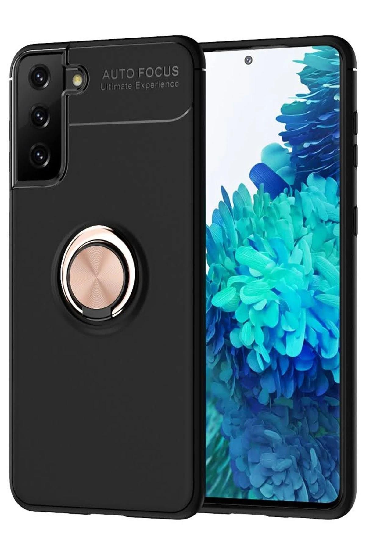 Mey İthalat®  Samsung Galaxy S21 Plus Kılıf Range Yüzüklü Silikon - Siyah-Gold