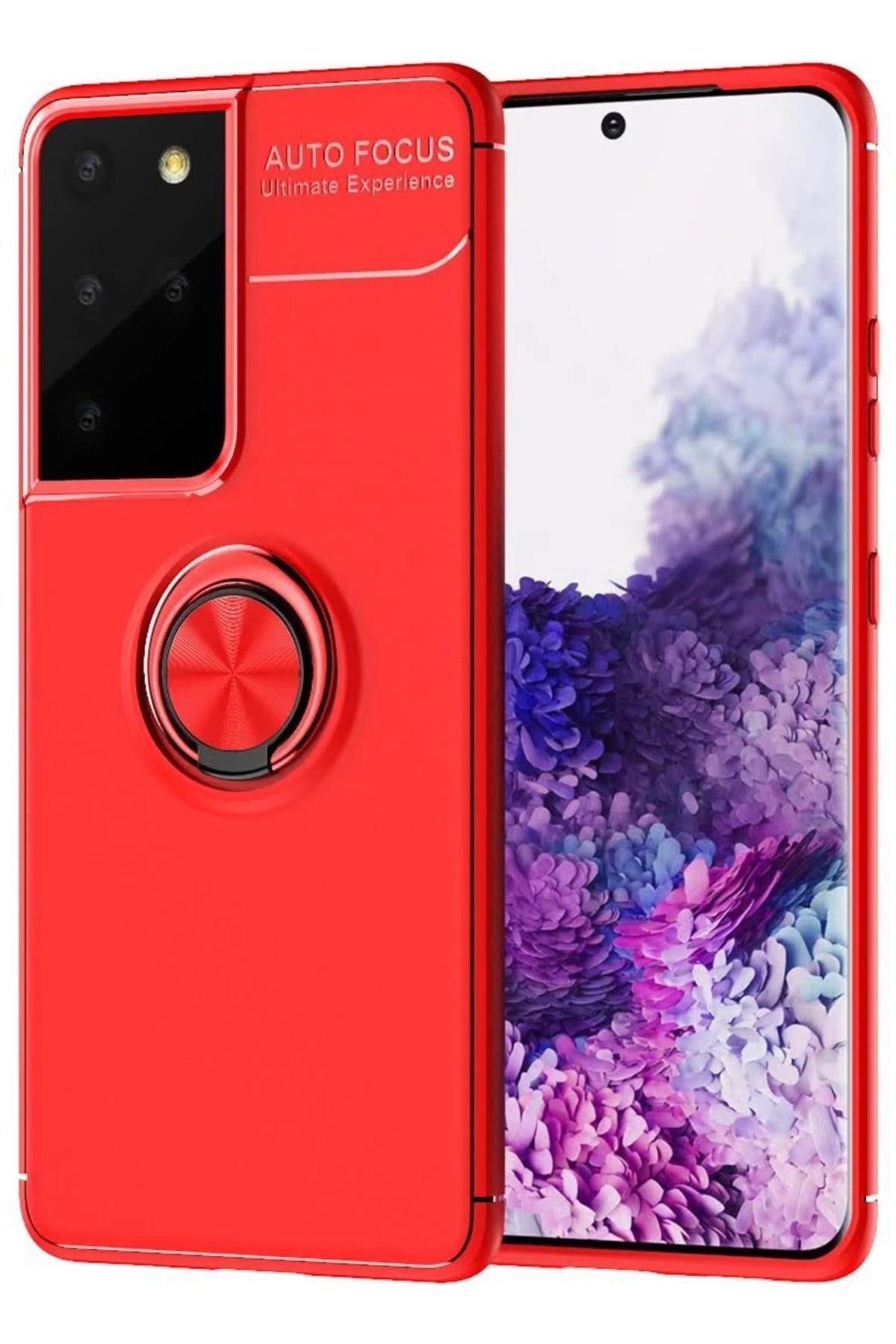 Mey İthalat®  Samsung Galaxy S21 Ultra Kılıf Range Yüzüklü Silikon - Kırmızı