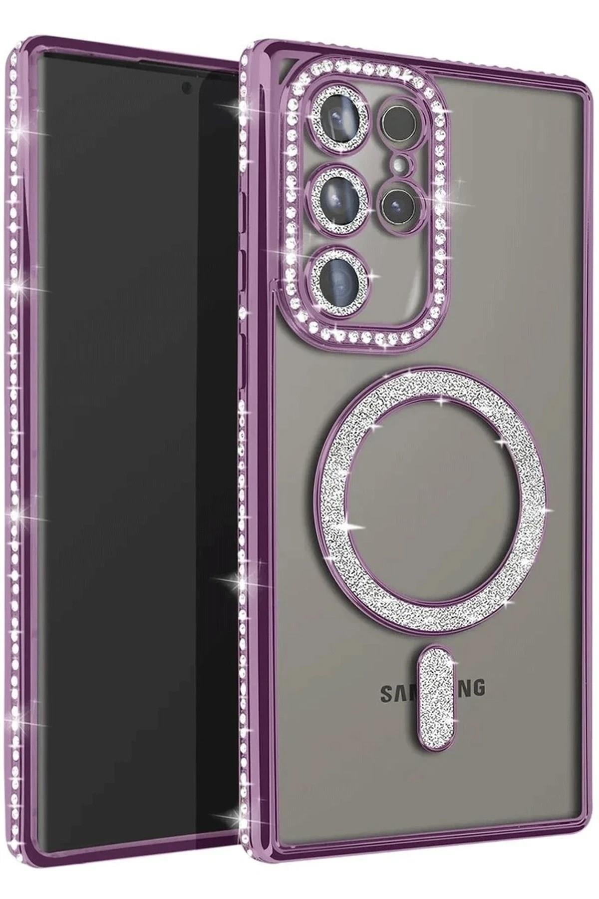 Mey İthalat®  Samsung Galaxy S23 Ultra Joke Simli Magneticsafe Kılıf - Derin Mor