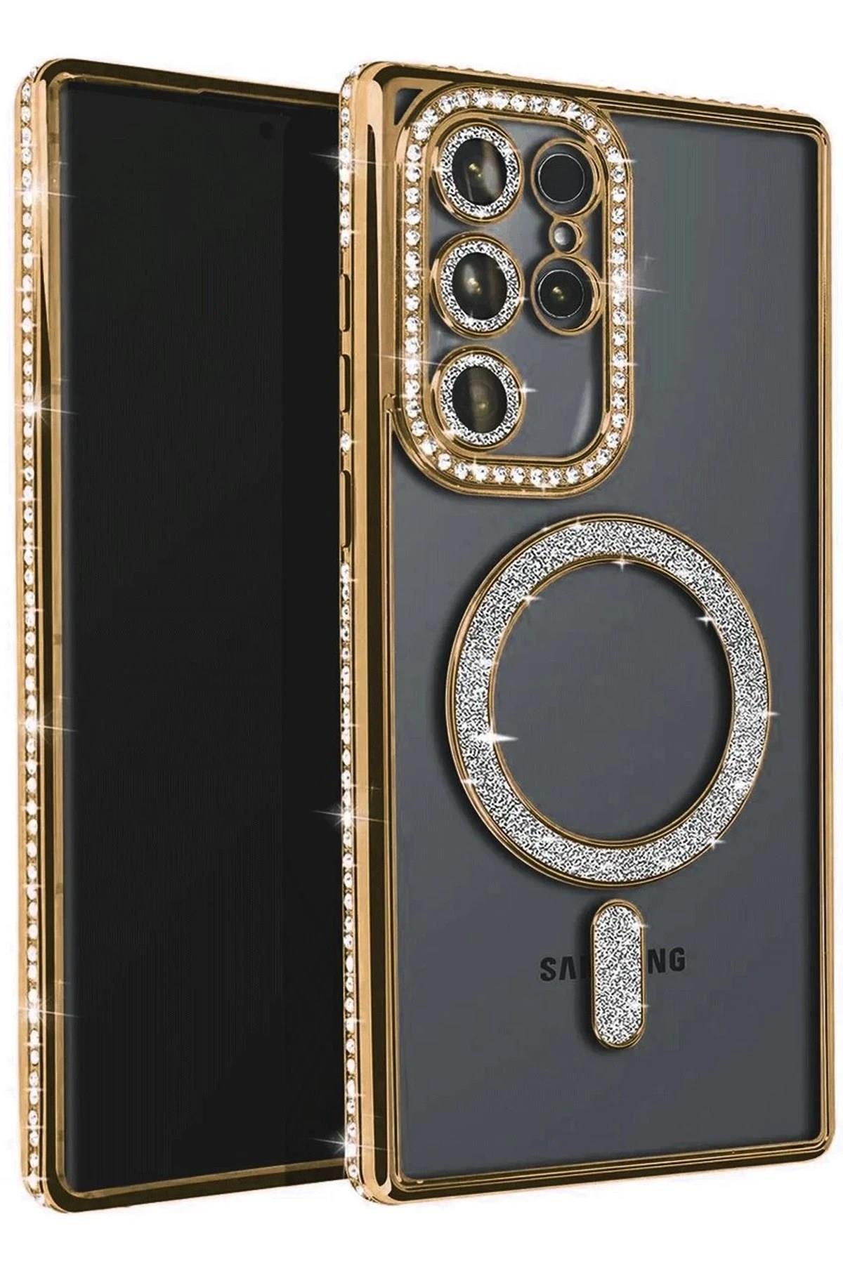 Mey İthalat®  Samsung Galaxy S23 Ultra Joke Simli Magneticsafe Kılıf - Gold