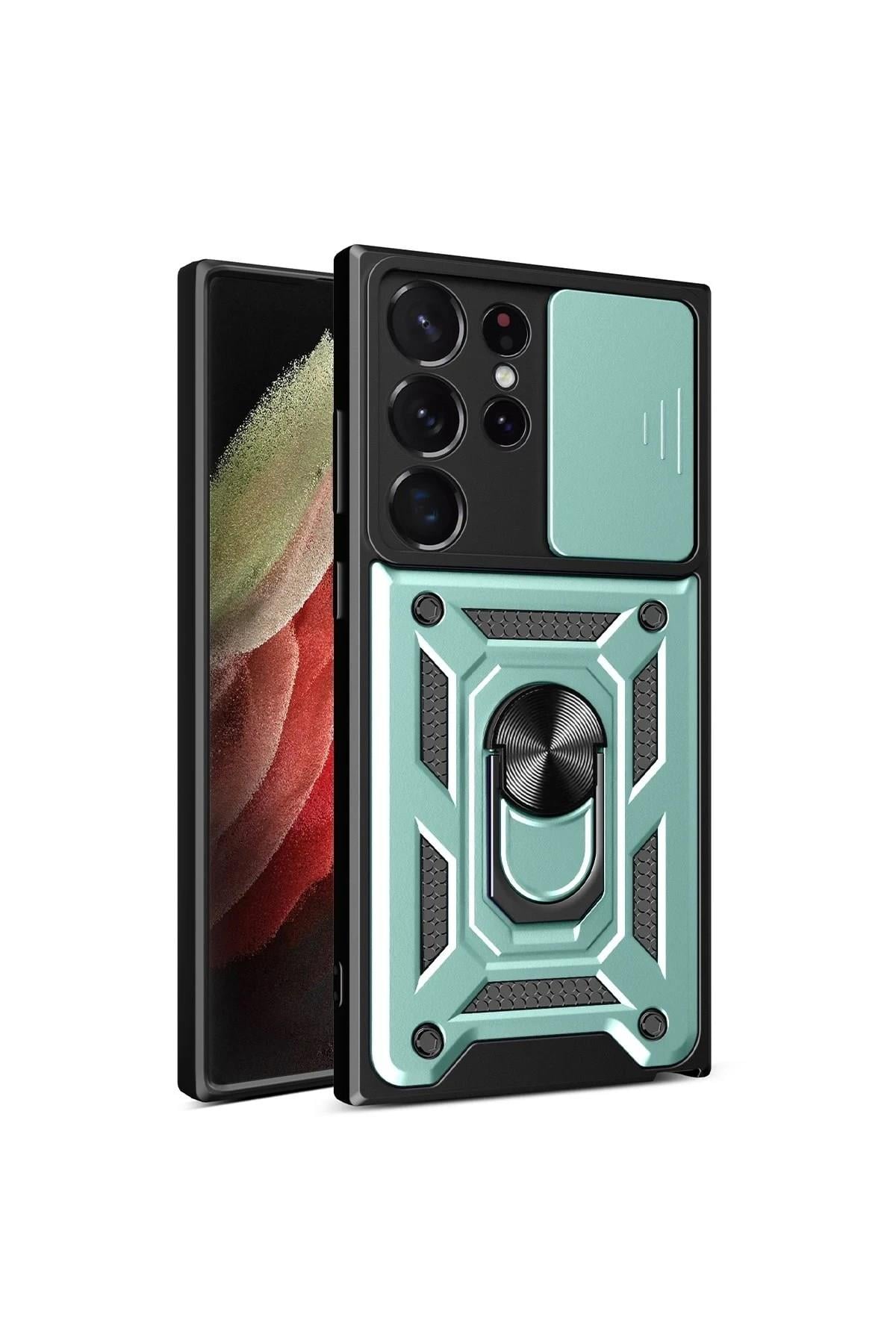 Mey İthalat®  Samsung Galaxy S23 Ultra Kılıf Pars Lens Yüzüklü Silikon - Yeşil