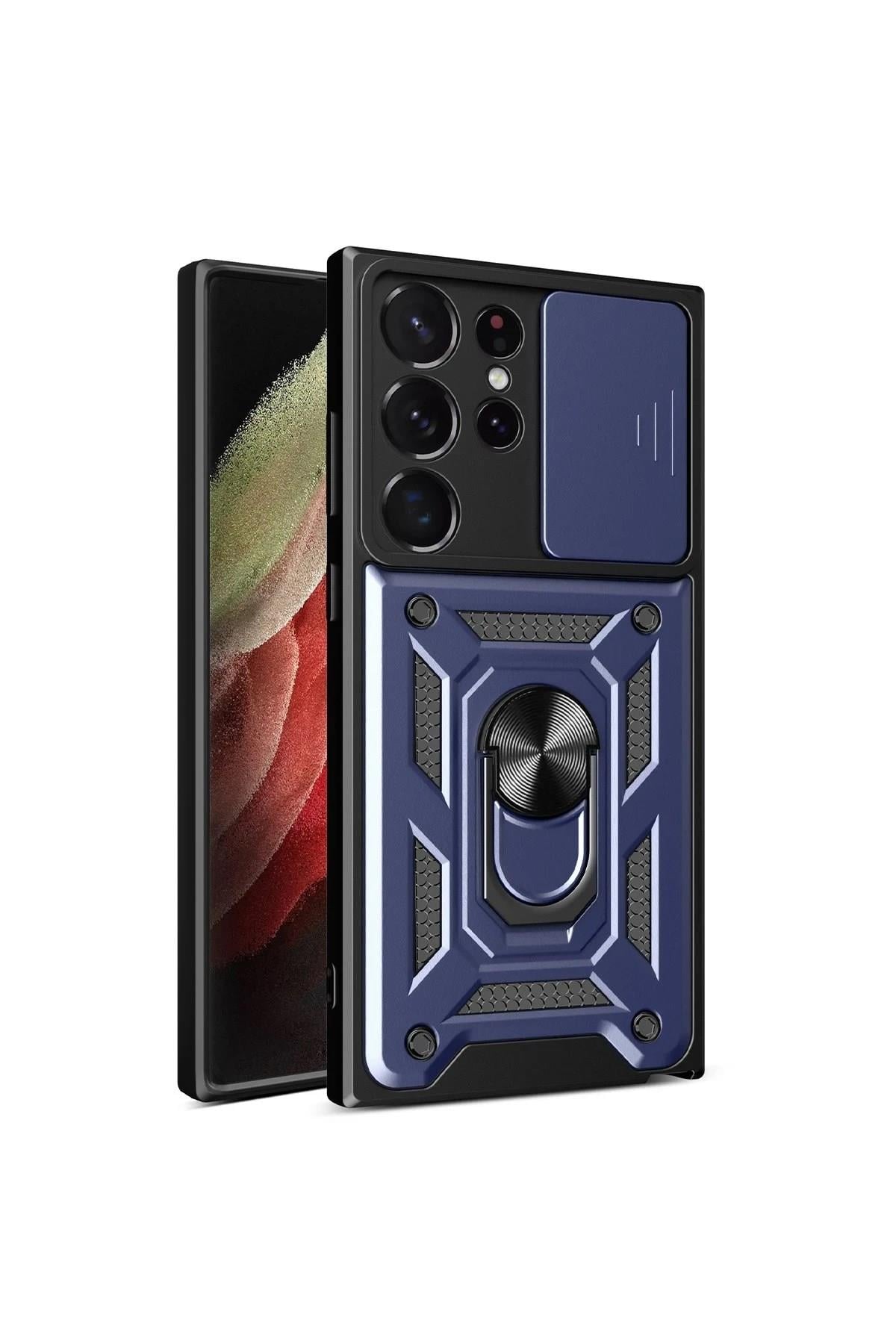 Mey İthalat®  Samsung Galaxy S23 Ultra Kılıf Pars Lens Yüzüklü Silikon - Lacivert