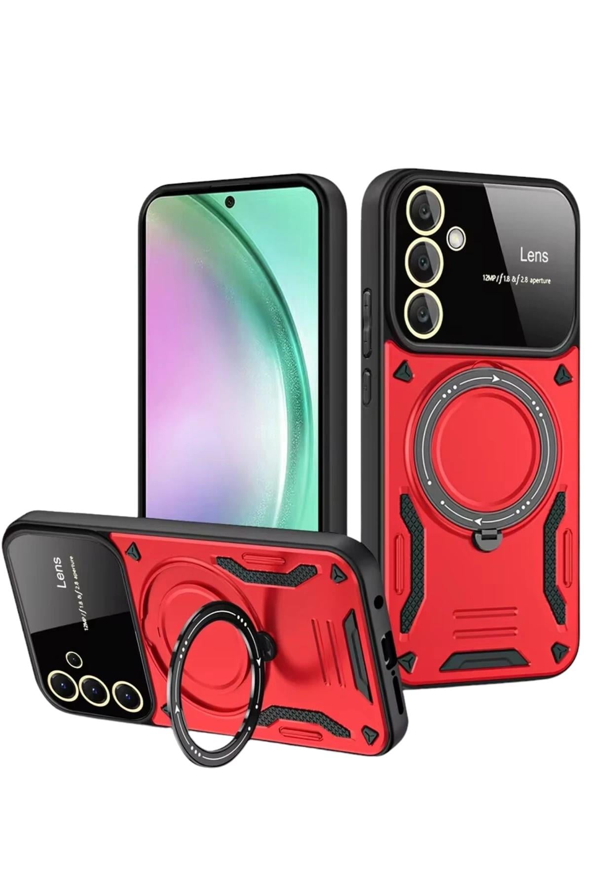 Mey İthalat®  Samsung Galaxy S24 FE Kılıf Joy Lens Standlı Kapak - Kırmızı
