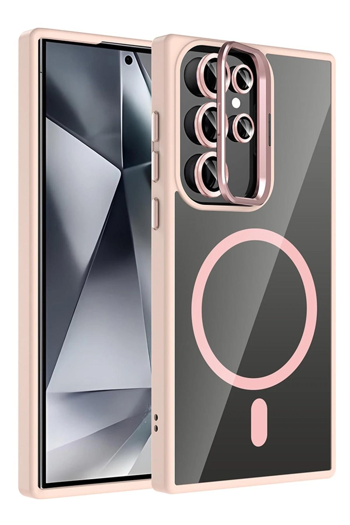 Mey İthalat®  Samsung Galaxy S24 Ultra Remim Lensli Magsafe Standlı Kapak - Pembe
