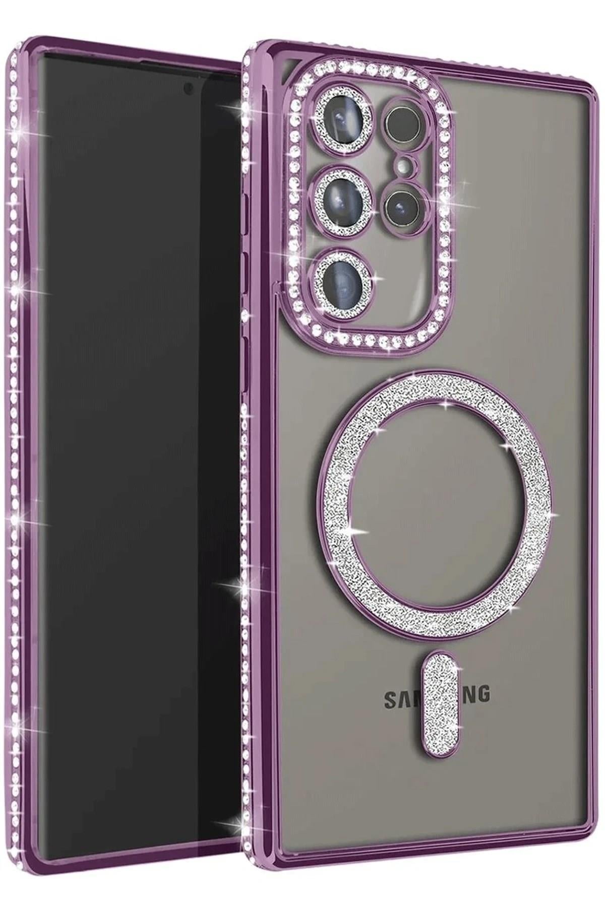 Mey İthalat®  Samsung Galaxy S25 Ultra Kılıf Joke Simli Magneticsafe Kılıf - Derin Mor