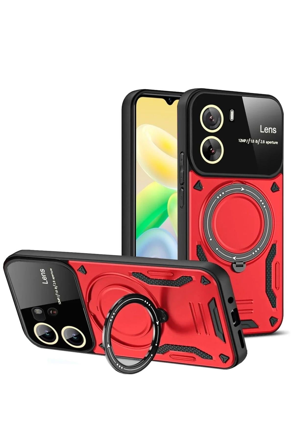 Mey İthalat®  Vivo Y16 Kılıf Joy Lens Standlı Kapak - Kırmızı