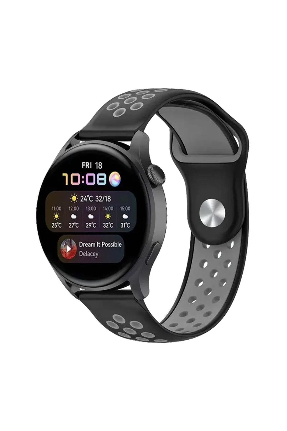Mey İthalat®  Watch 20mm Spor Delikli Kordon - Siyah-Gri
