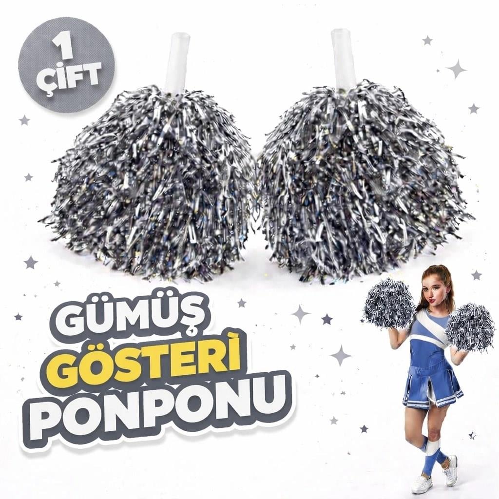 Mey İthalat® 1 Çift ( 2 Adet ) Gümüş Renk 23 Nisan 19 Mayıs 29 Ekim Okul Gösteri Ponponları Ekstra Dolgun