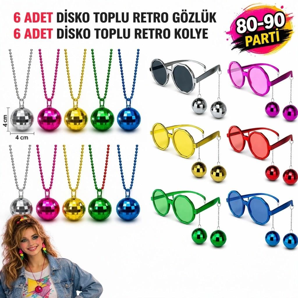 Mey İthalat® 12 Parça 80-90 Retro Parti Seti Disco Toplu Gözlük ve Kolye