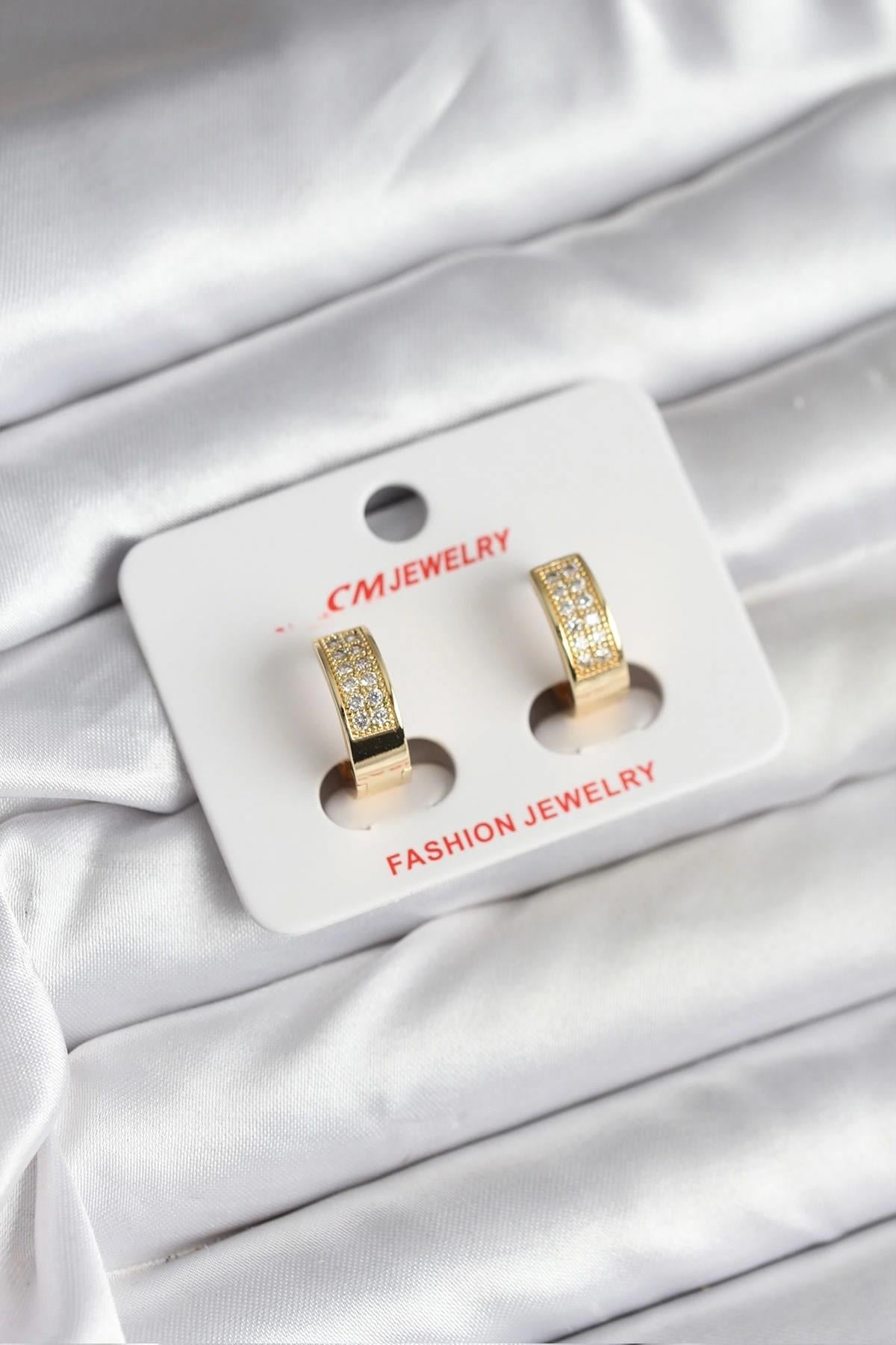 Mey İthalat® 14K Gold Renk Kaplama Zirkon Taşlı Halka CM Kadın Küpe
