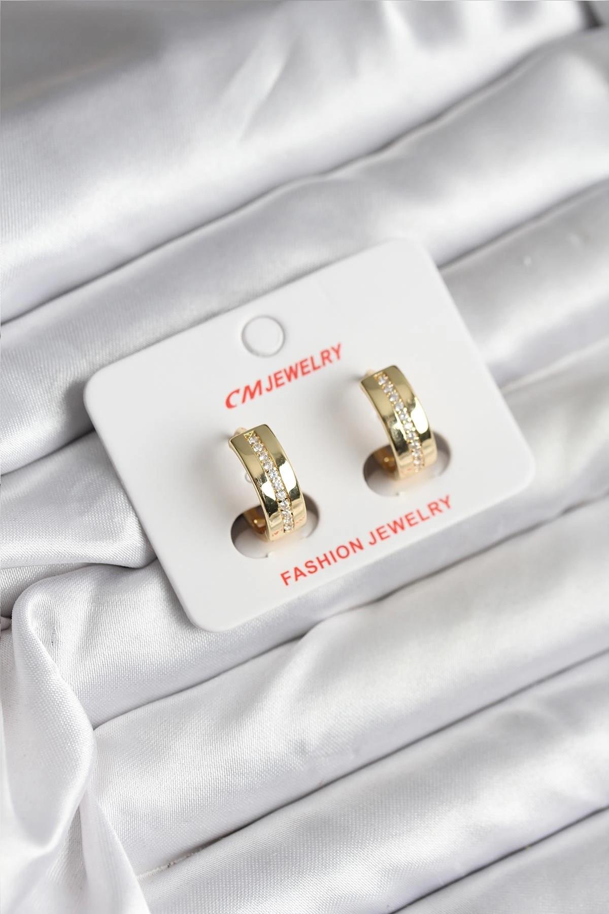 Mey İthalat® 14K Gold Renk Kaplama Zirkon Taşlı Halka Model CM Kadın Küpe