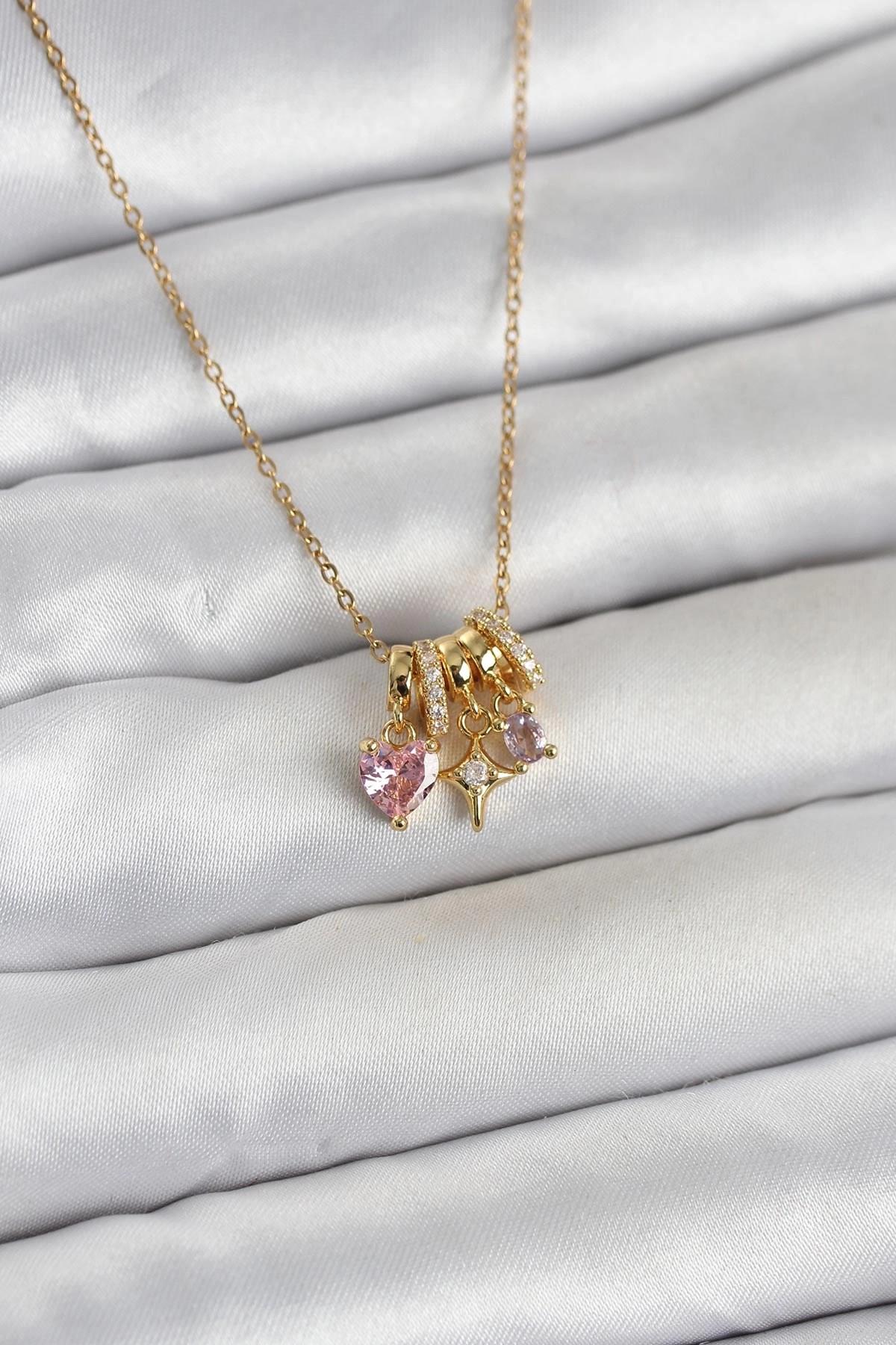 Mey İthalat® 316L Çelik Gold Pembe Zirkon Taşlı Charmlı Kadın Kolye