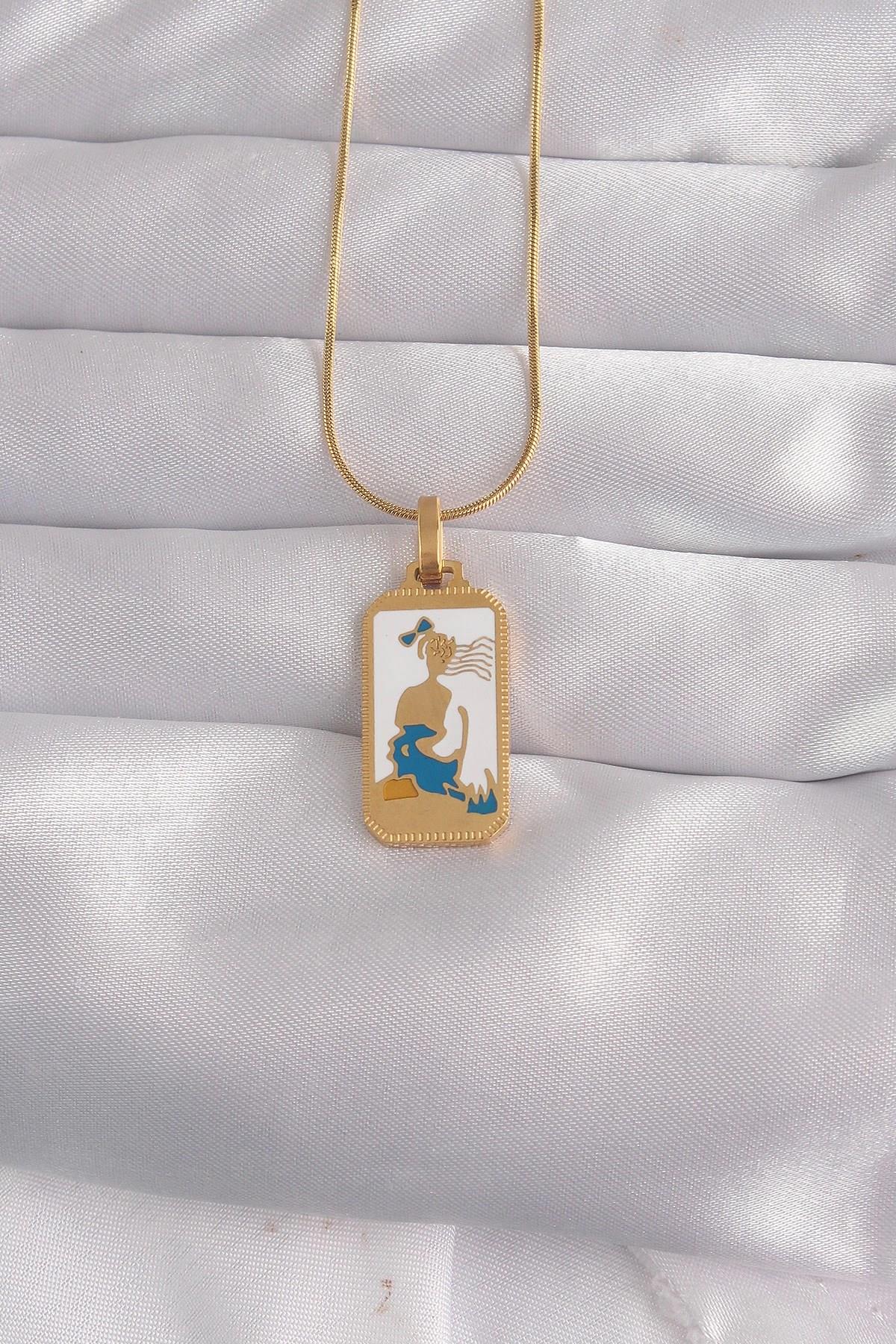 Mey İthalat® 316L Çelik Gold Renk Beyaz Mineli Kız Figür Tarot Kolye