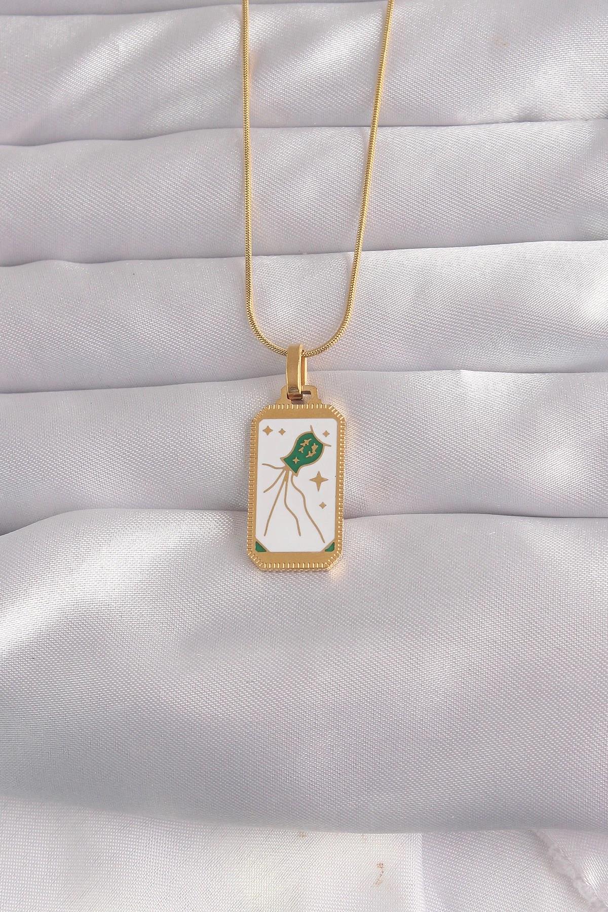 Mey İthalat® 316L Çelik Gold Renk Beyaz Mineli Tarot Kolye