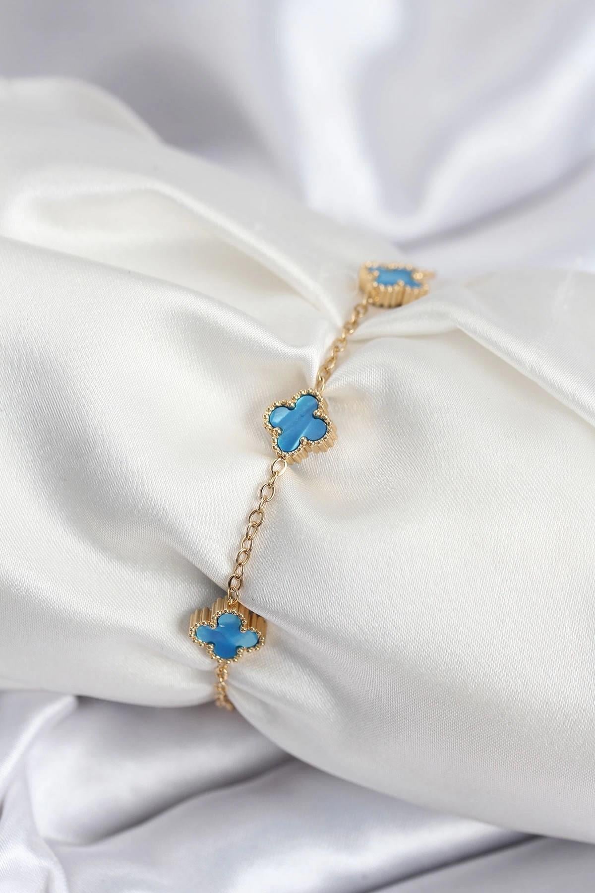 Mey İthalat® 316L Çelik Gold Renk Buz Mavisi Baby Boy Yonca Kadın Bileklik