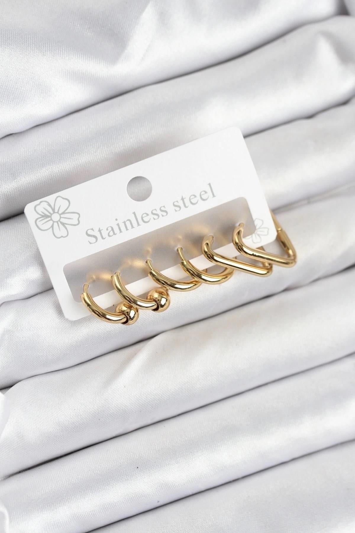 Mey İthalat® 316L Çelik Gold Renk Kadın Küpe Seti
