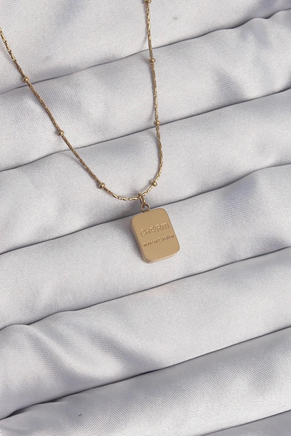 Mey İthalat® 316L Çelik Gold Renk Kare Charm Model Kolye