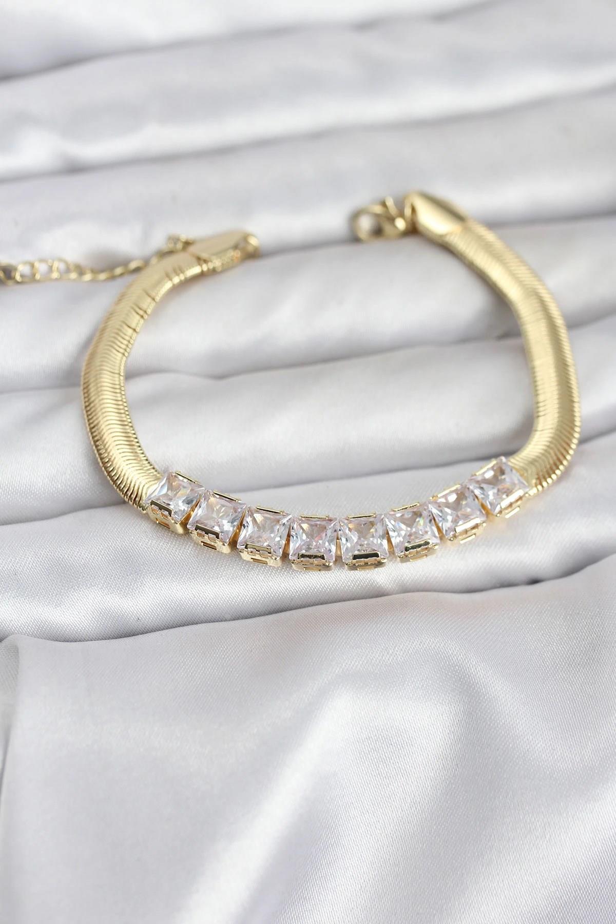 Mey İthalat® 316L Çelik Gold Renk Kare Zirkon Taşlı Yılan Zincirli Kadın Bileklik