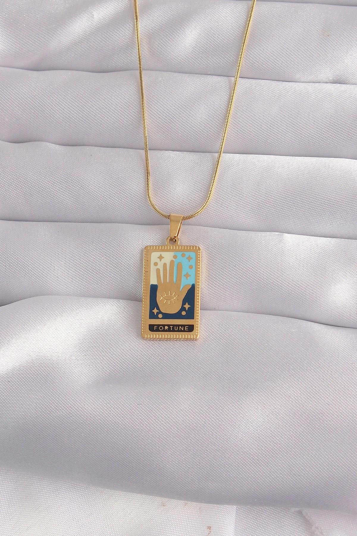 Mey İthalat® 316L Çelik Gold Renk Karışık Mineli El Figür Tarot Kolye