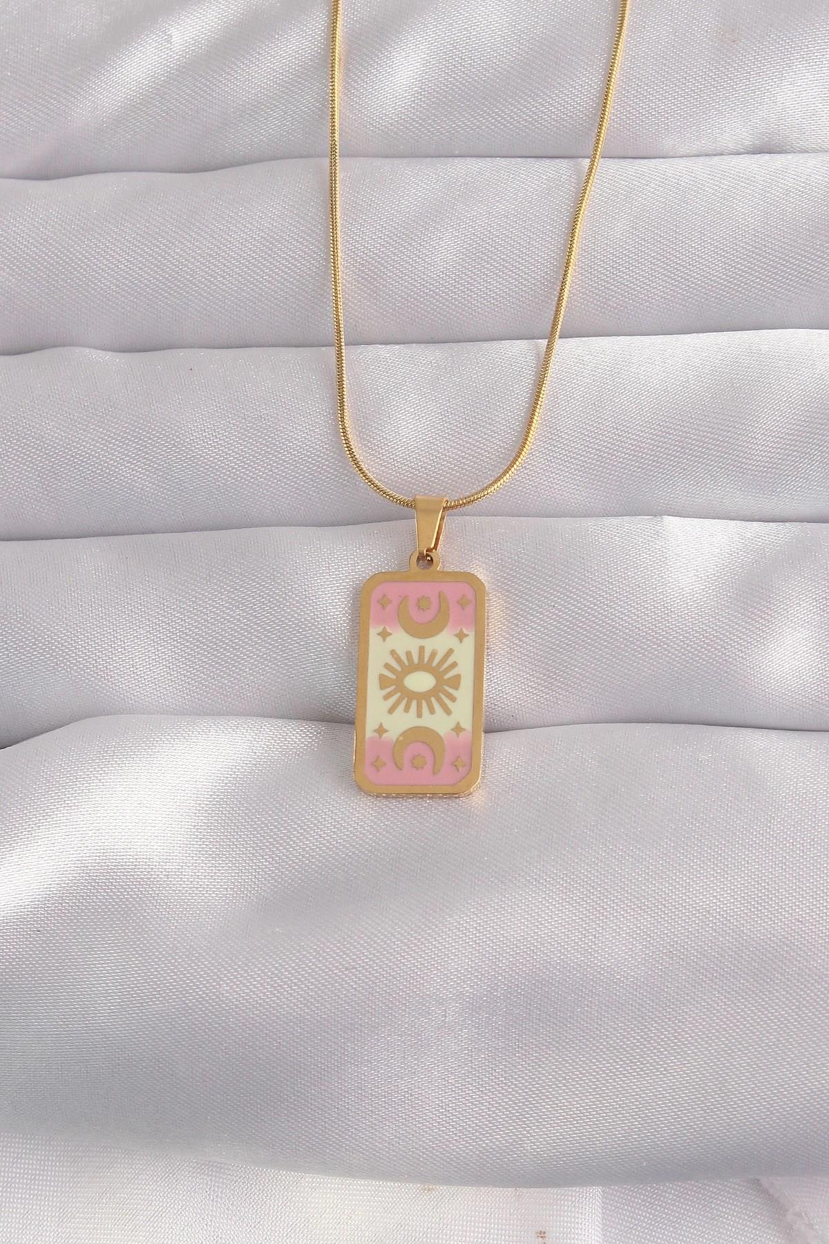 Mey İthalat® 316L Çelik Gold Renk Karışık Mineli Ay Figür Tarot Kolye