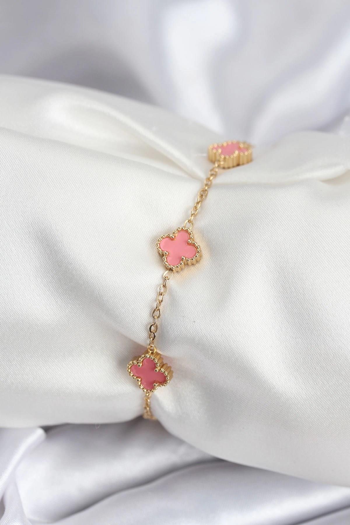 Mey İthalat® 316L Çelik Gold Renk Pembe Baby Boy Yonca Kadın Bileklik